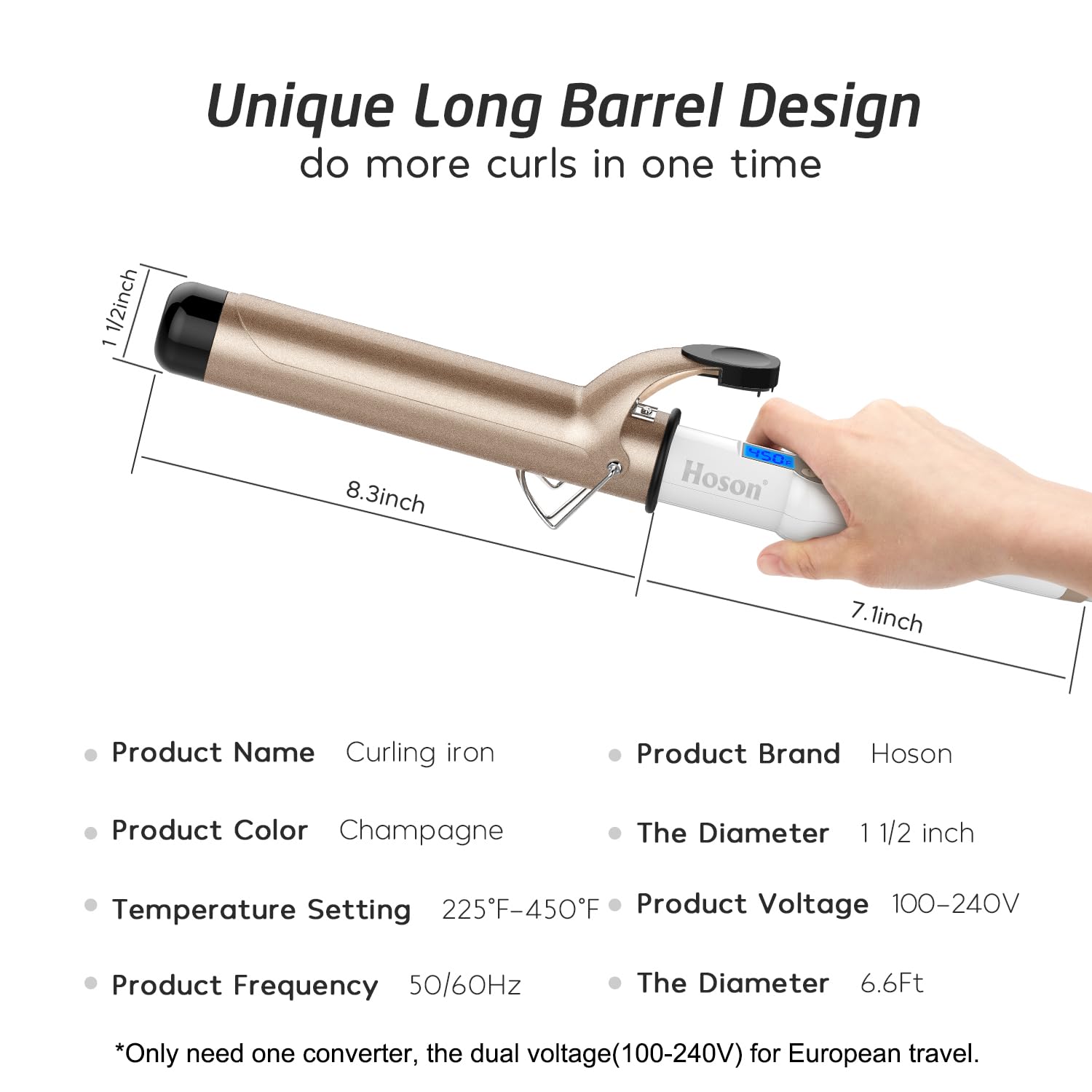 Detalle de Hoson 1.5 Inch Curling Iron Large Barrel (Dual Voltage) with LCD, Ceramic Tourmaline, Glove Included