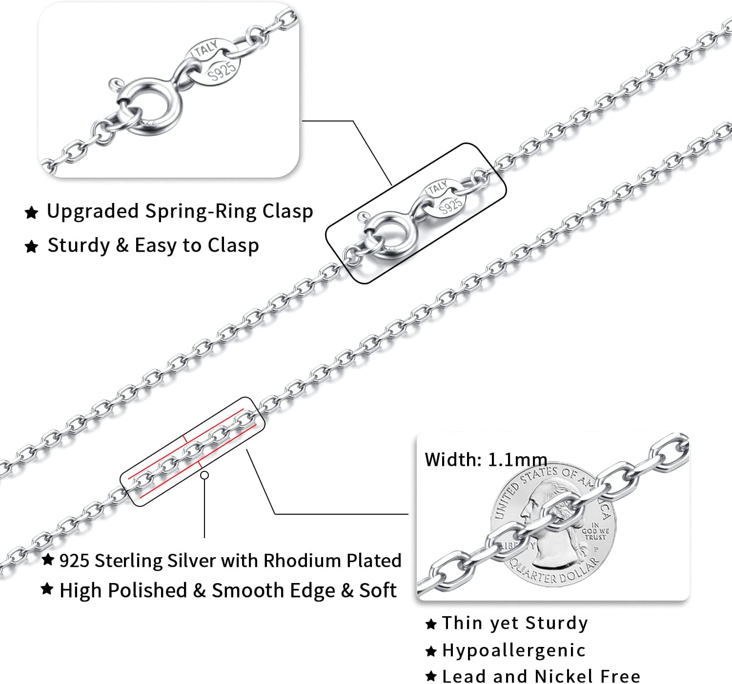 Detalle de Jewlpire 925 Sterling Silver 1.1mm Cable Chain Necklace with Upgraded Spring-Ring Clasp (14–24 inch)