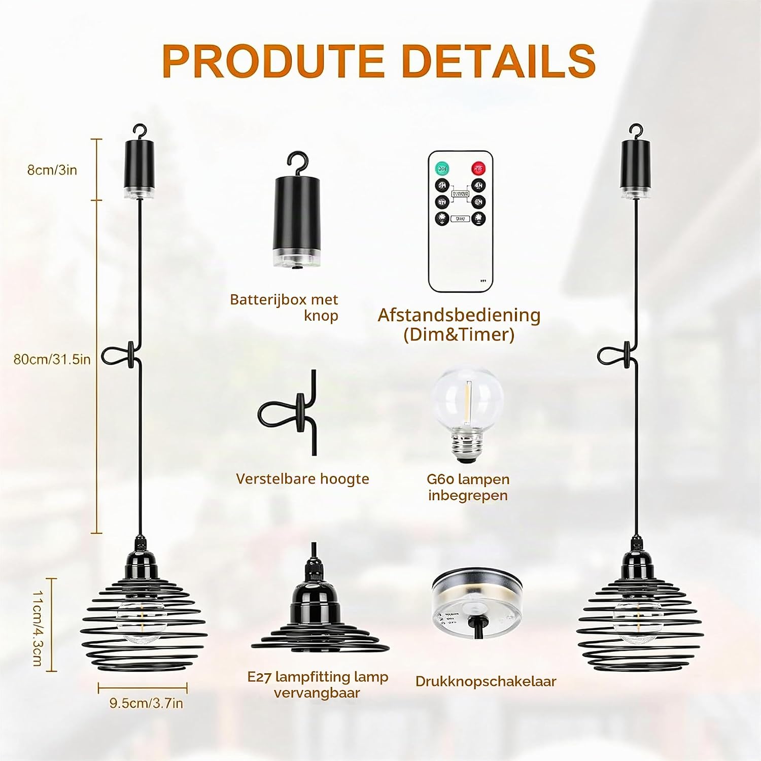 Detalle 1 de Glowlit YX-80011934 draadloze hanglamp met E27-fitting, dimmer en timer