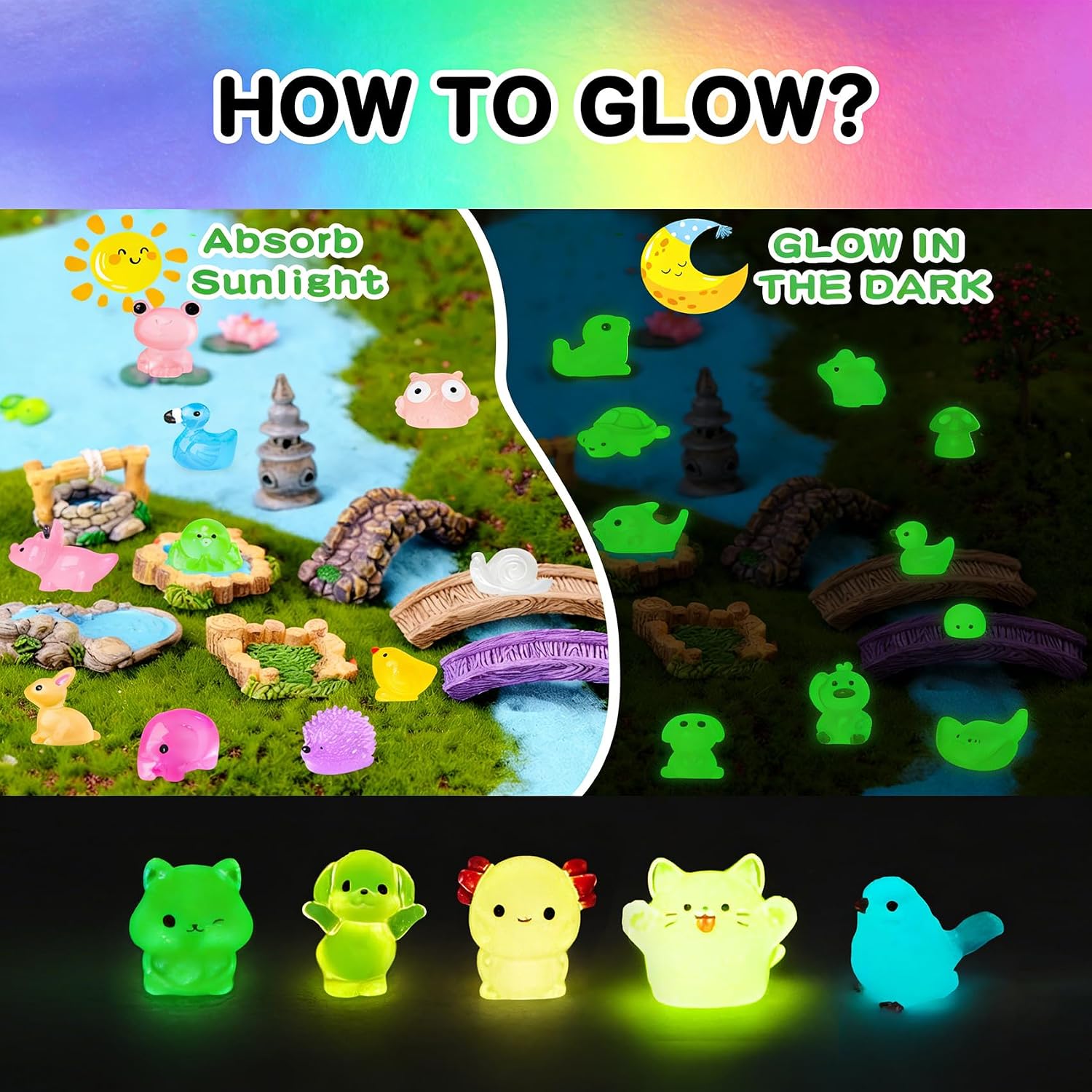 Detalle de POTWPOT Mini Resin Animals Figures (Set of 60) – Glow in the Dark, 60 Unique Styles for Mini Landscapes