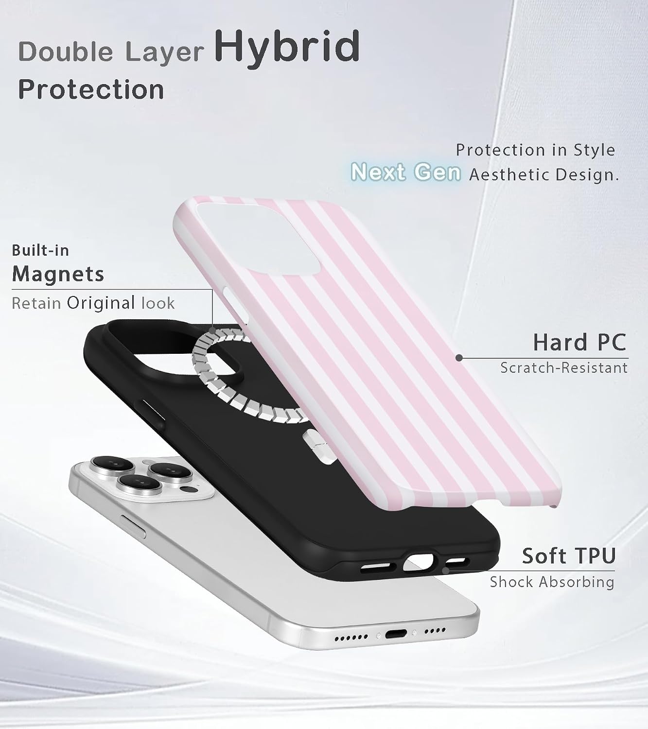 Thumbnail 1 de Amzfield iPhone 15 Pro Case with MagSafe, Dual-Layer Hybrid Protection (Pastel Pink, Striped Aesthetic)