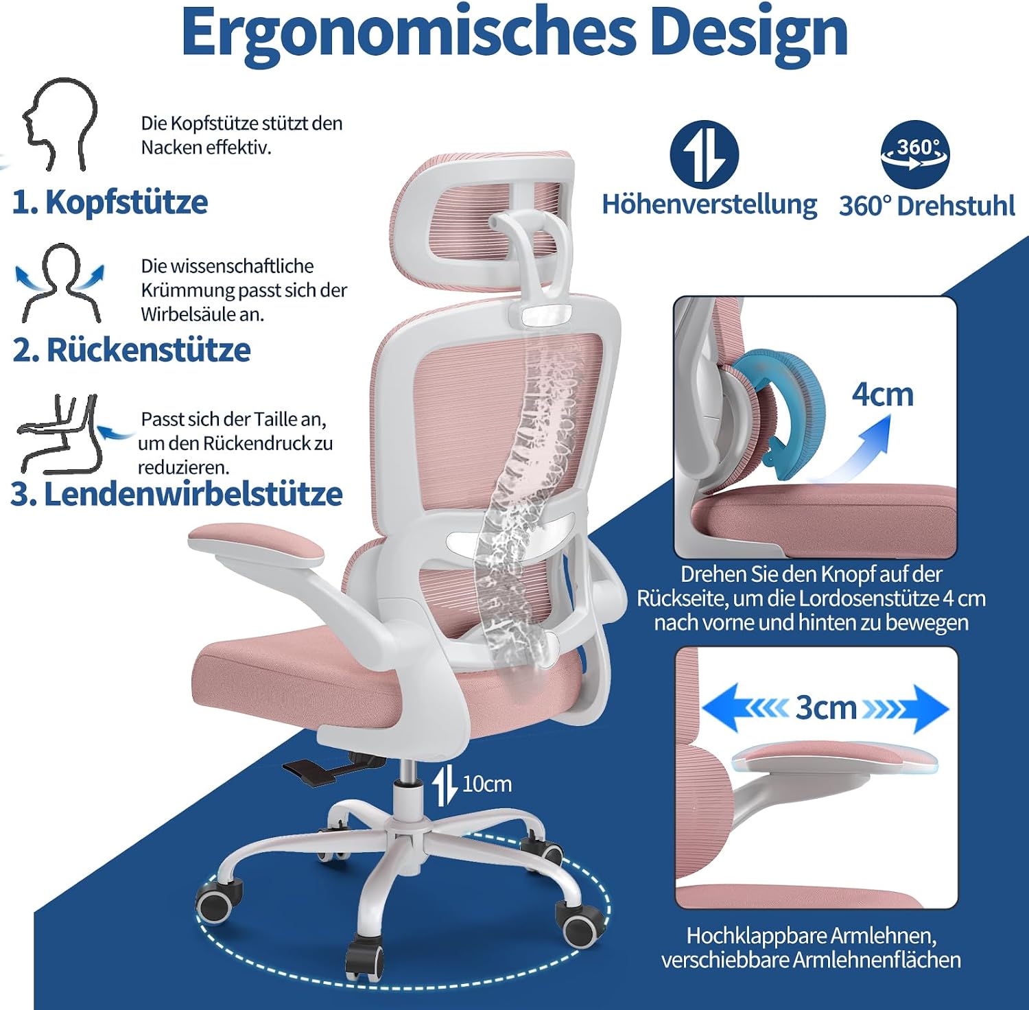 Detalle 2 de TRALT Bürostuhl ergonomisch mit verstellbarer Lordosenstütze, Kopfstütze und 150 kg Tragkraft – rosa