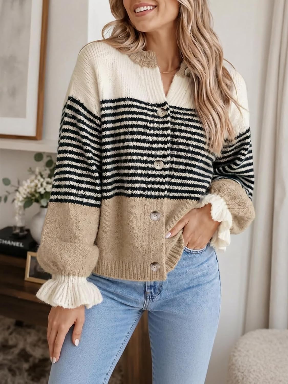 Detalle de Saodimallsu Women's Striped Cardigan