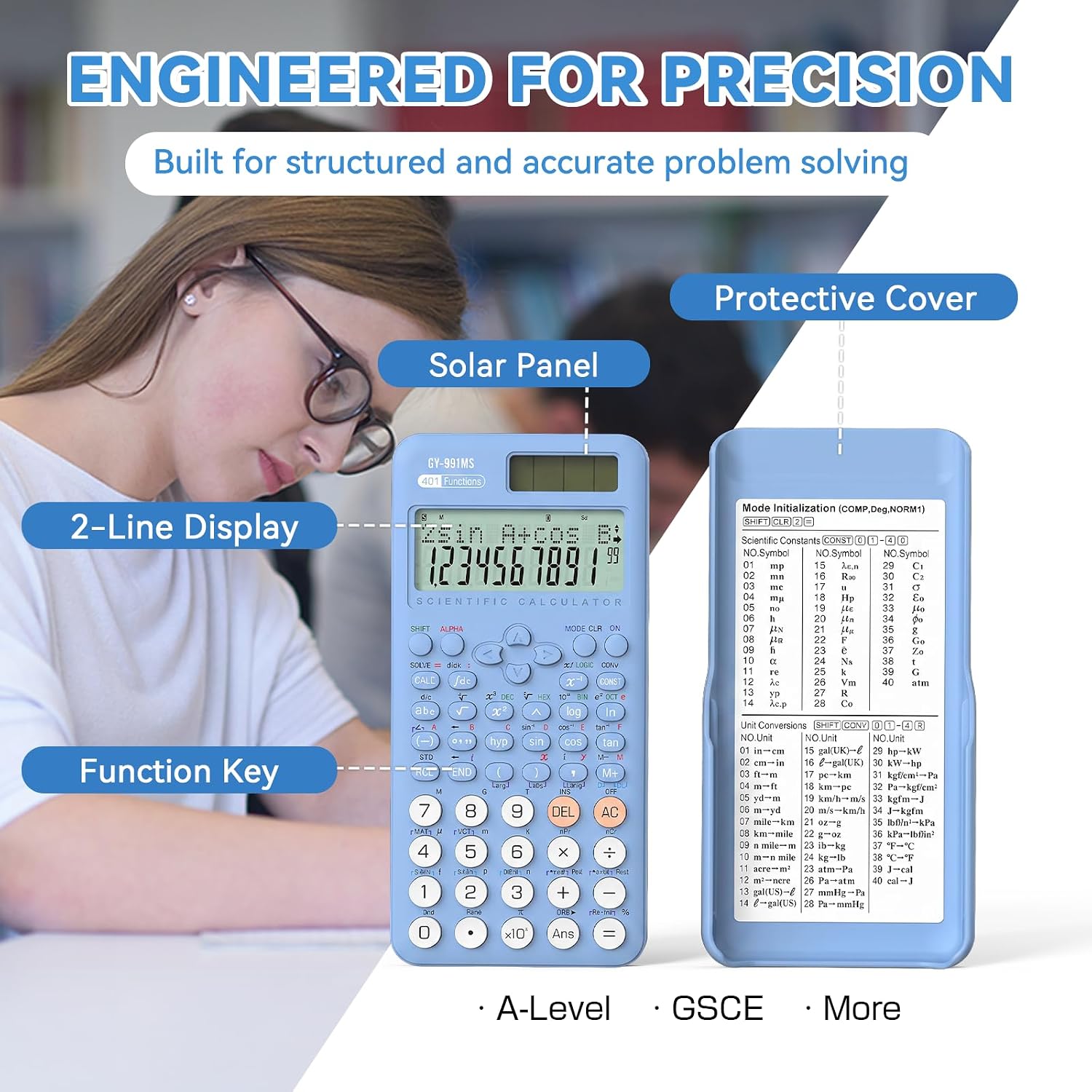 Detalle 2 de NEWYES Advanced Scientific Calculator for Exam (401 functions, 2-line display) – Blue