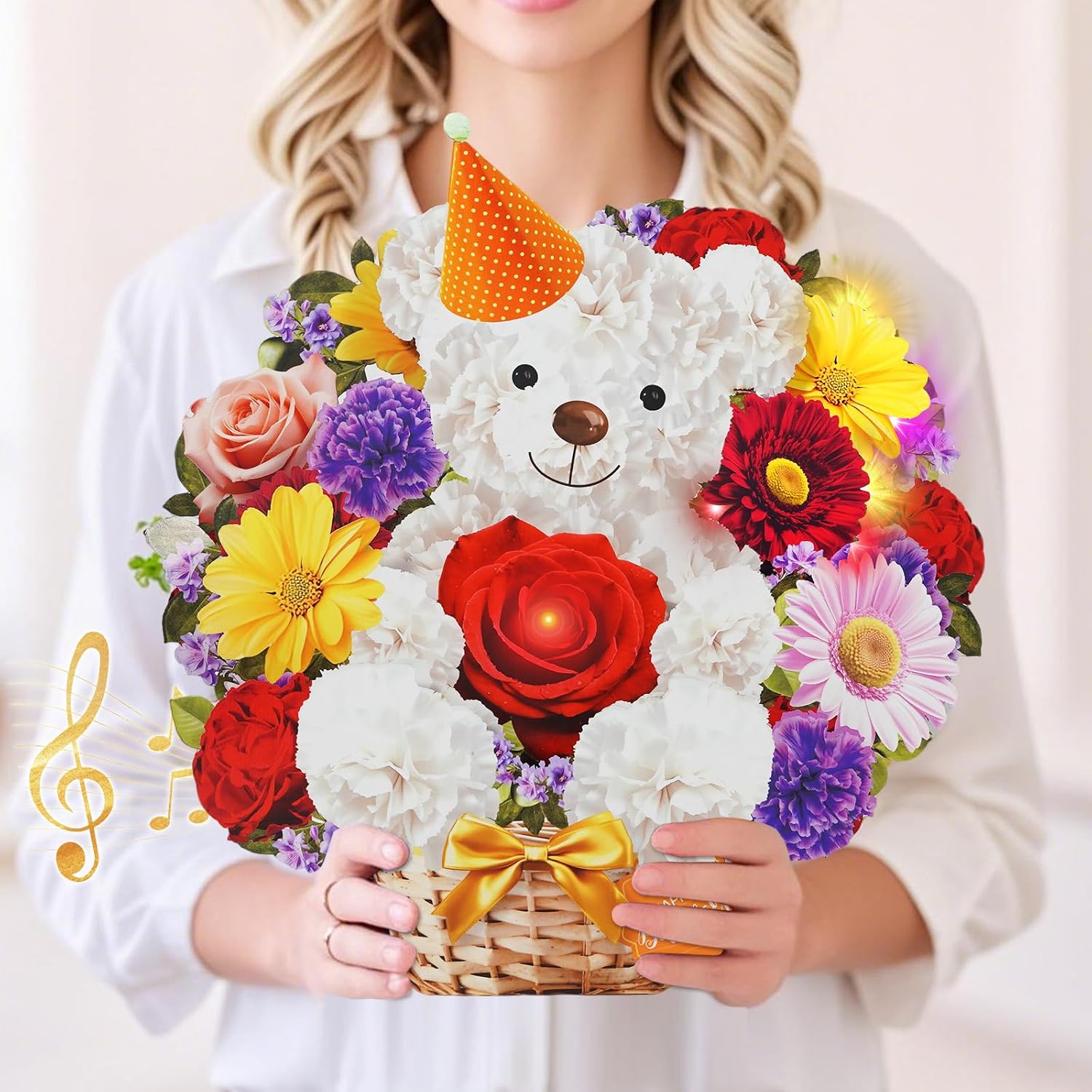 Detalle de WUJUN Bear & Daisy Pop-Up Birthday Card with Music & Lights (10 inch flower bouquet)