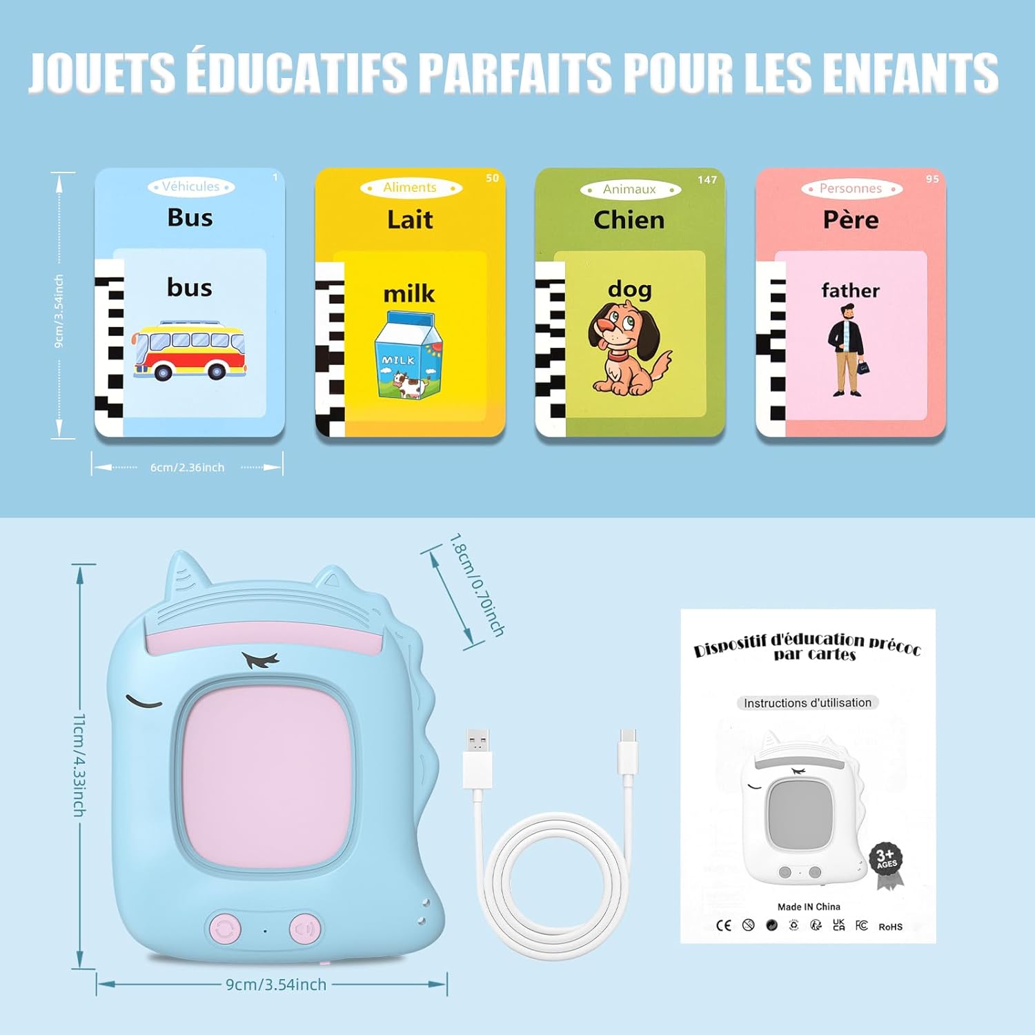 Thumbnail 3 de Cartes Flash Parlantes Montessori pour Enfants 2+ Ans – 112 Cartes, 224 Mots, Français/Anglais/Bilingue (Bleu)
