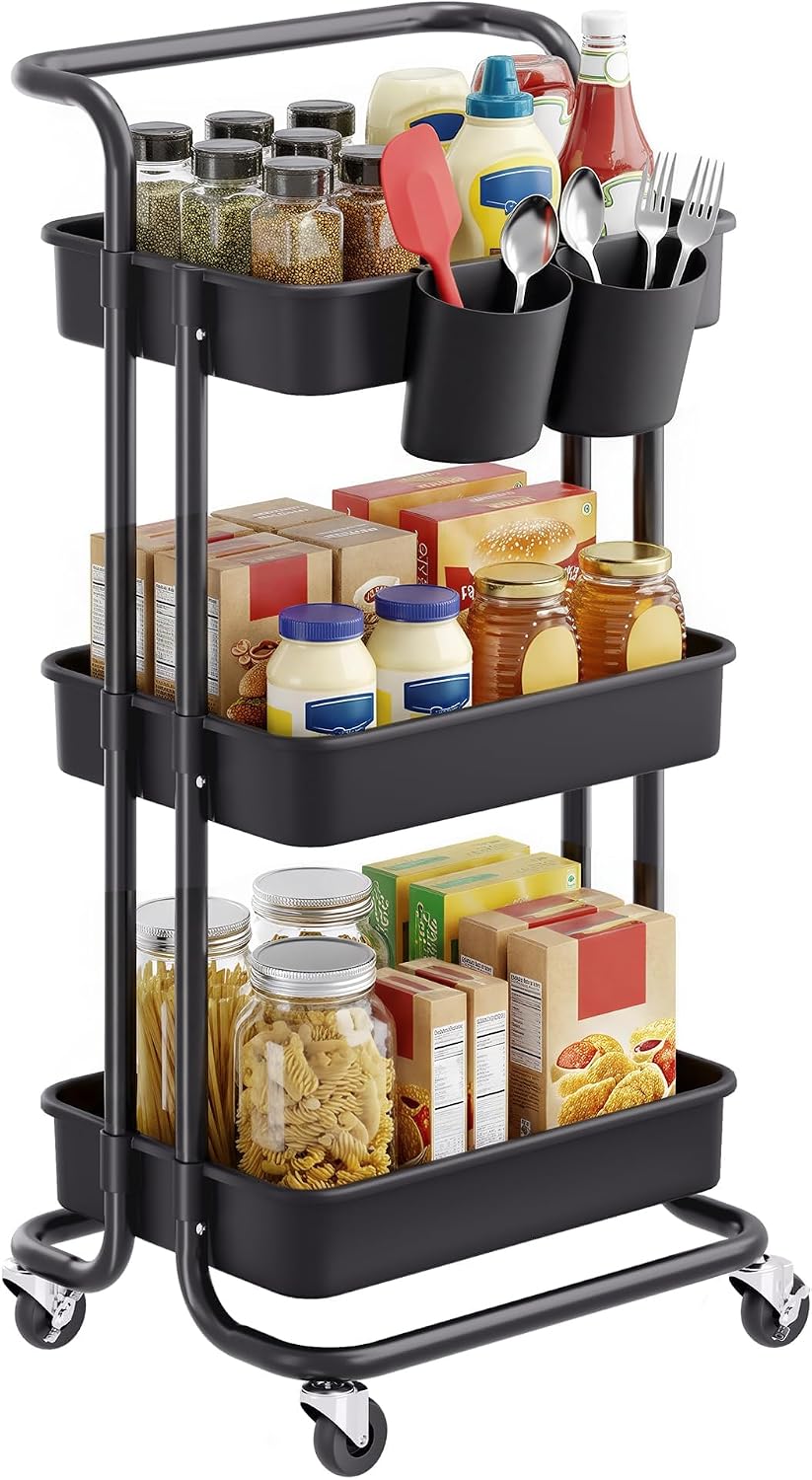 Detalle de SONGMICS BSC067B01 3-Tier Rolling Cart with Steel Frame and Plastic Baskets