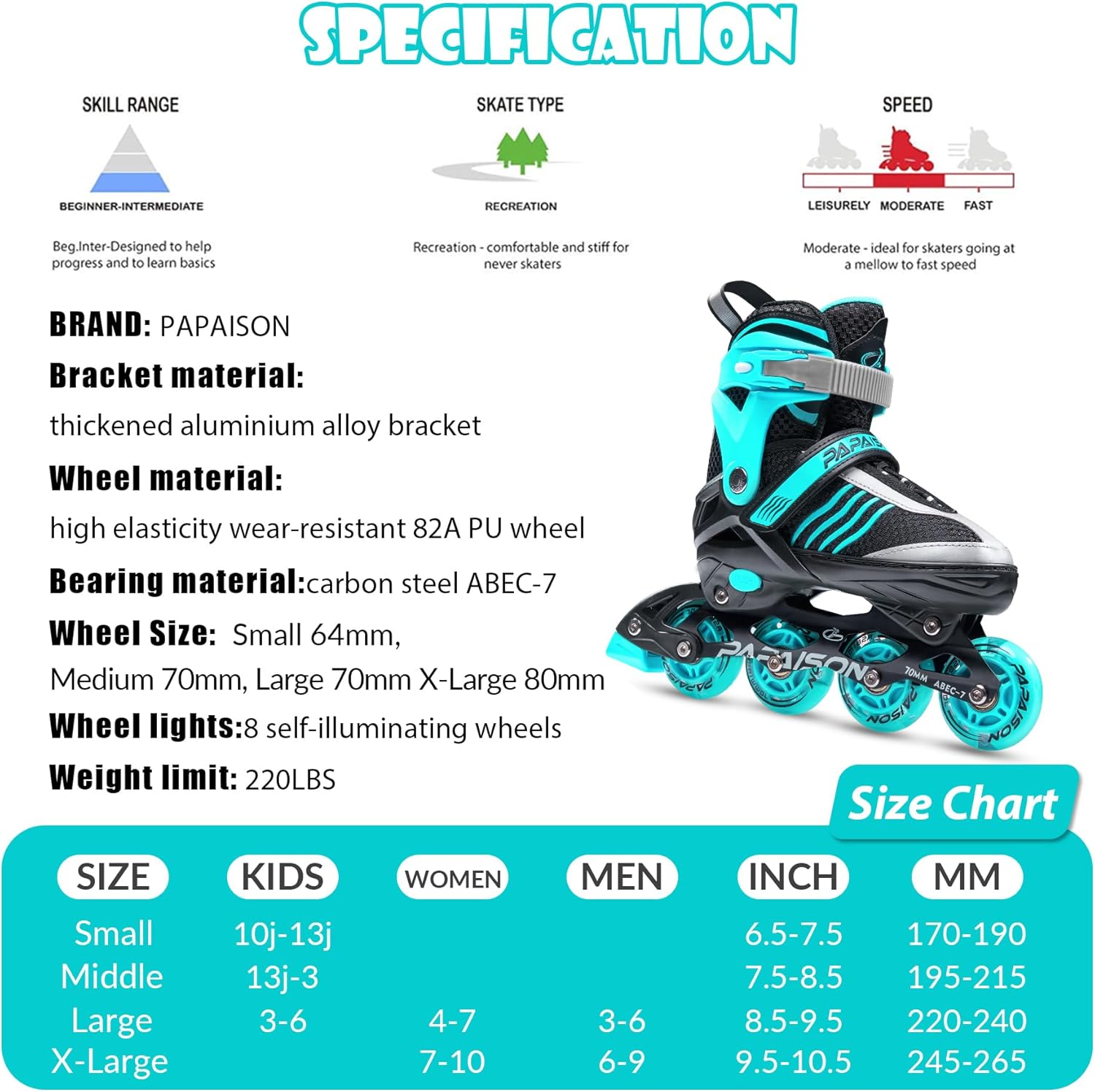 Thumbnail 5 de PAPAISON Adjustable Inline Skates for Boys (Ages 4–16) with Light-Up Wheels