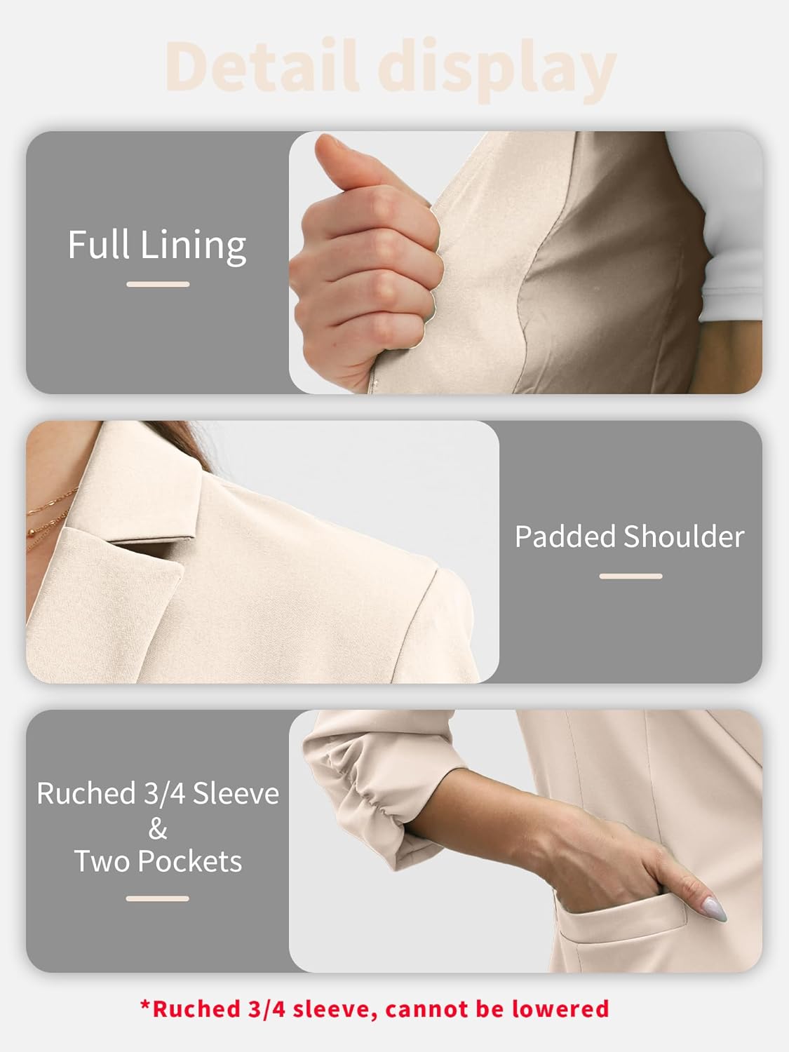 Thumbnail 4 de ELLEVEN Women's Ruched 3/4 Sleeve Blazer – Lightweight Slim Fit with Padded Shoulders