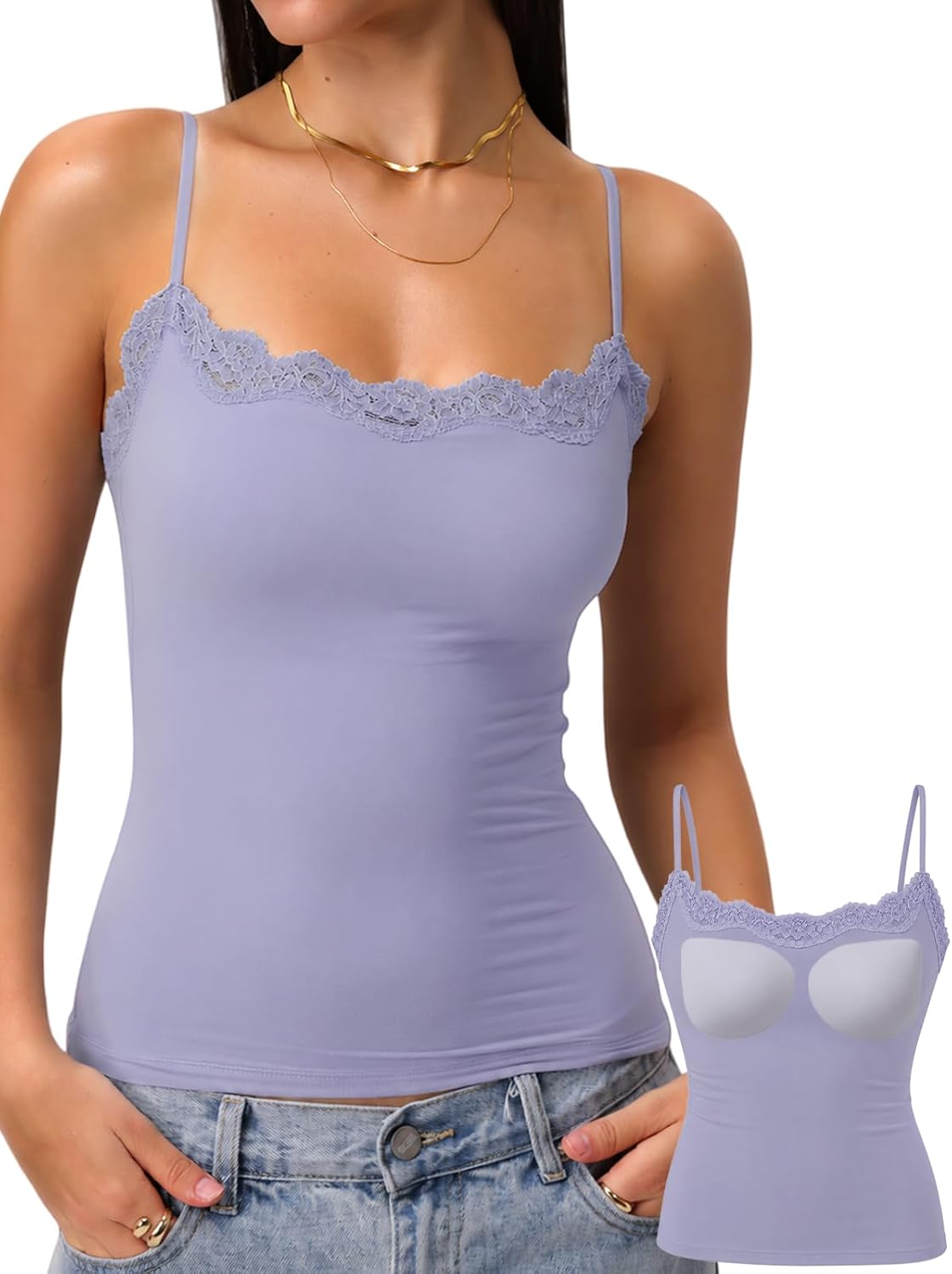 Detalle de Starrylion Padded Lace Crop Tank Top with Removable Pads and Adjustable Straps