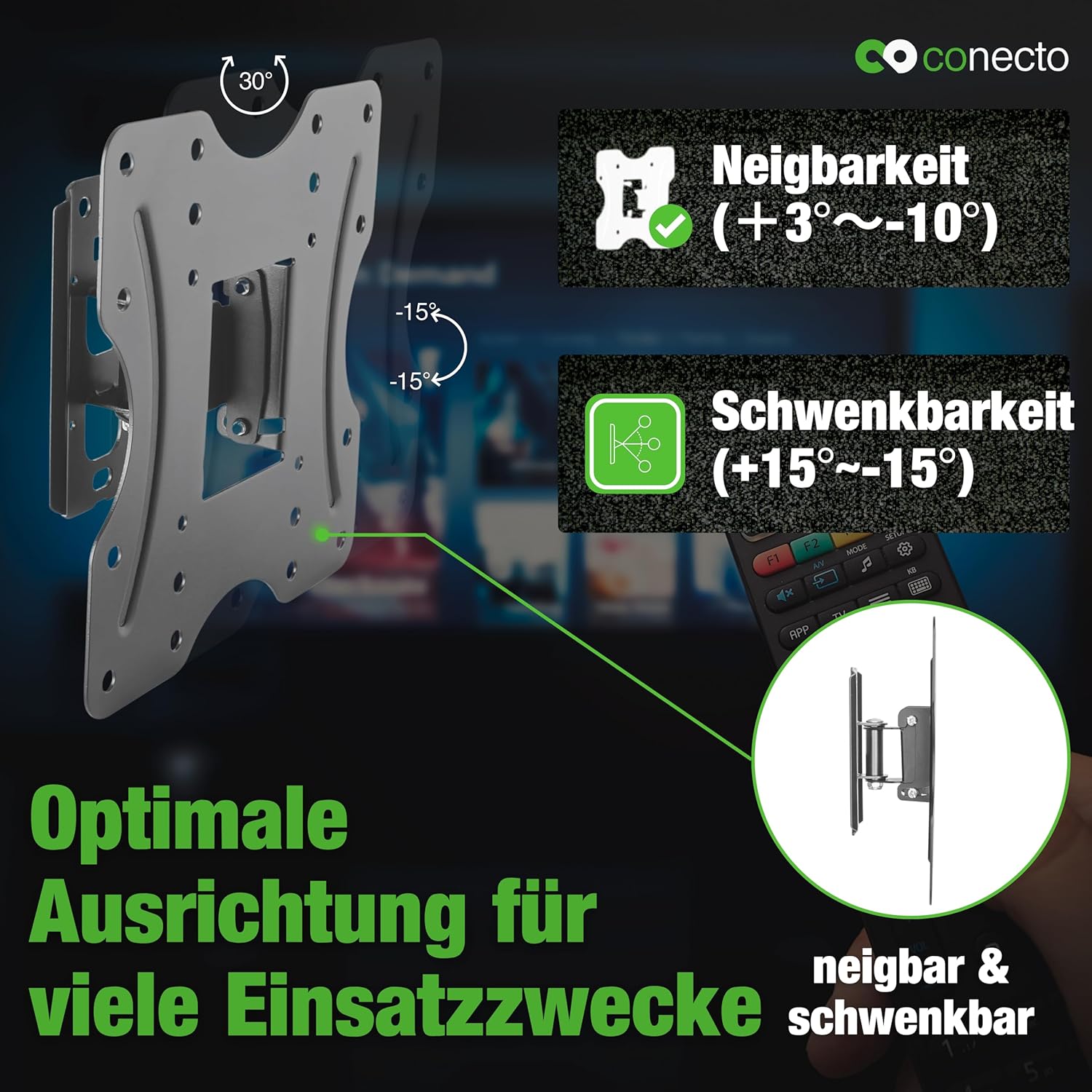 Thumbnail 1 de Support mural TV connecto universel inclinable et pivotant (VESA jusqu’à 200x200 mm), noir, 23–42 pouces