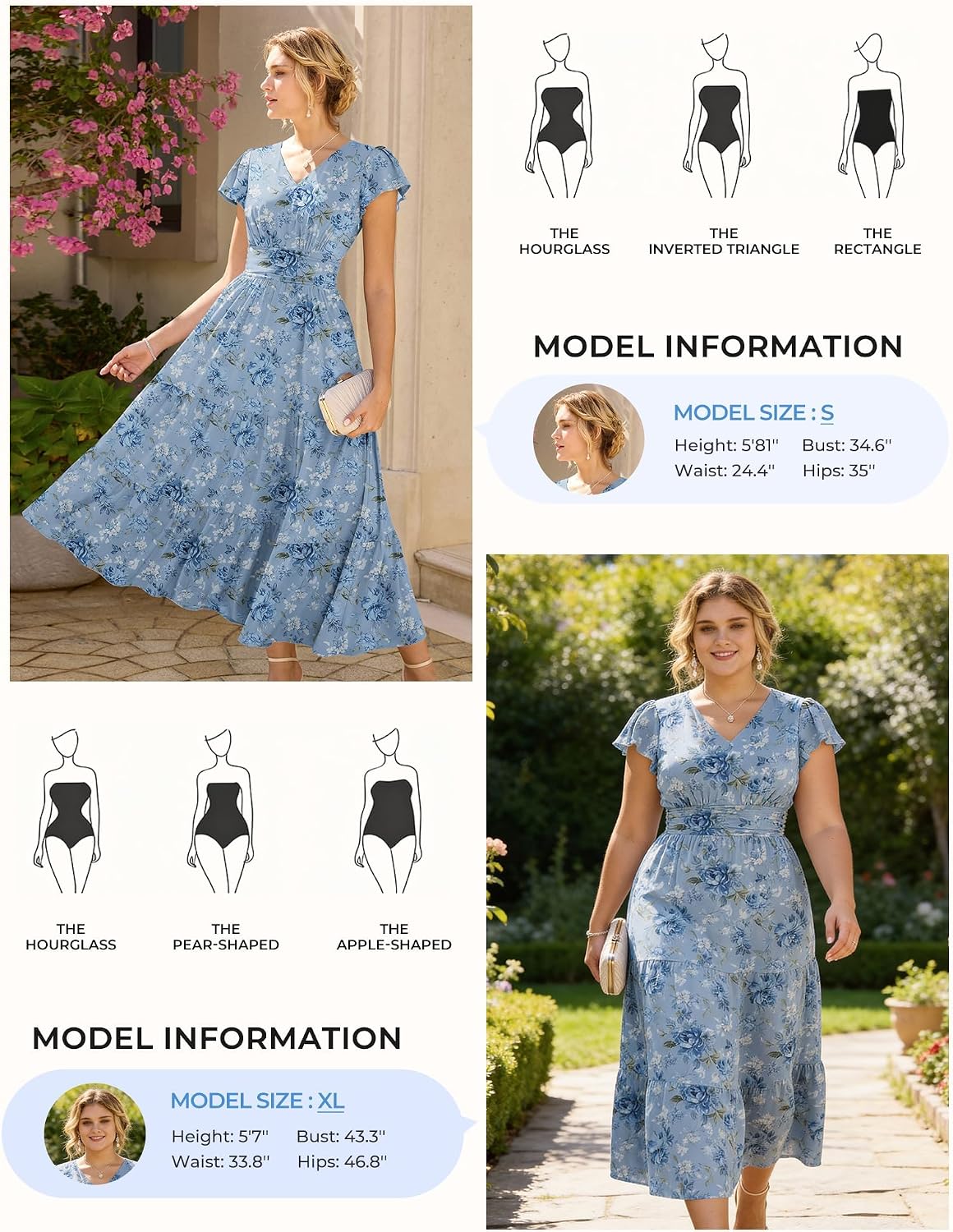 Detalle de GRACE KARIN Damen Rüschenärmel V-Ausschnitt Midikleid – A-Linie mit Blume und Taschen