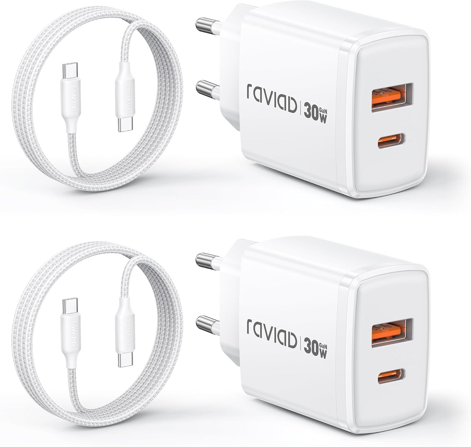 Detalle de RAVIAD 30W USB-C Ladegerät Duo mit GaN Technologie – 2 Stück inkl. 2 m USB-C Kabel (60W)