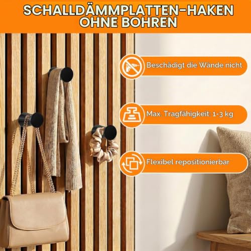 Detalle de AOOSU Haken für Akustikpaneele – 6er Set, Kleiderhaken für schallabsorbierende Paneele (Ohne Bohren), Schwarz
