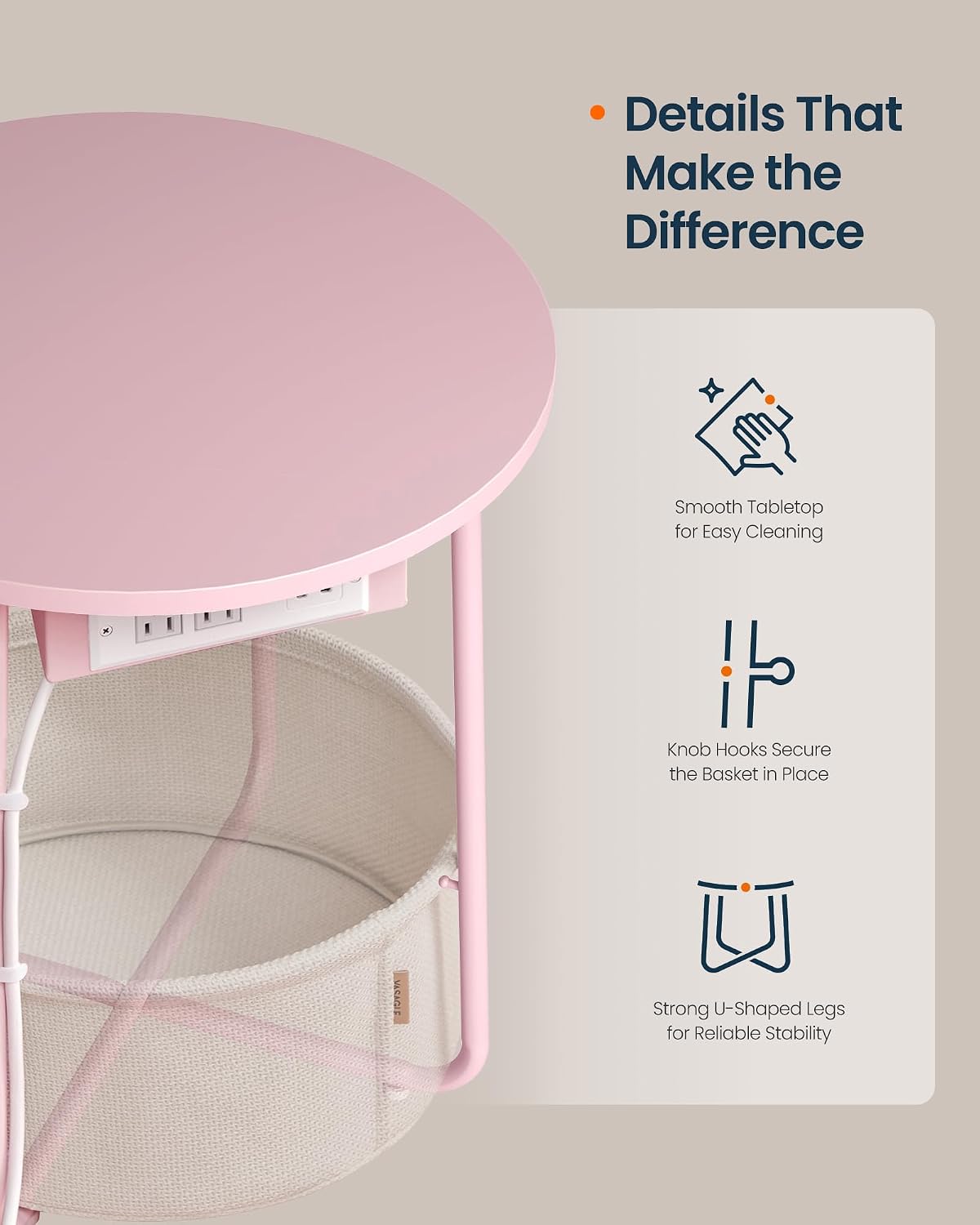 Detalle de SONGMIC HOME Round Side Table, Pink and White