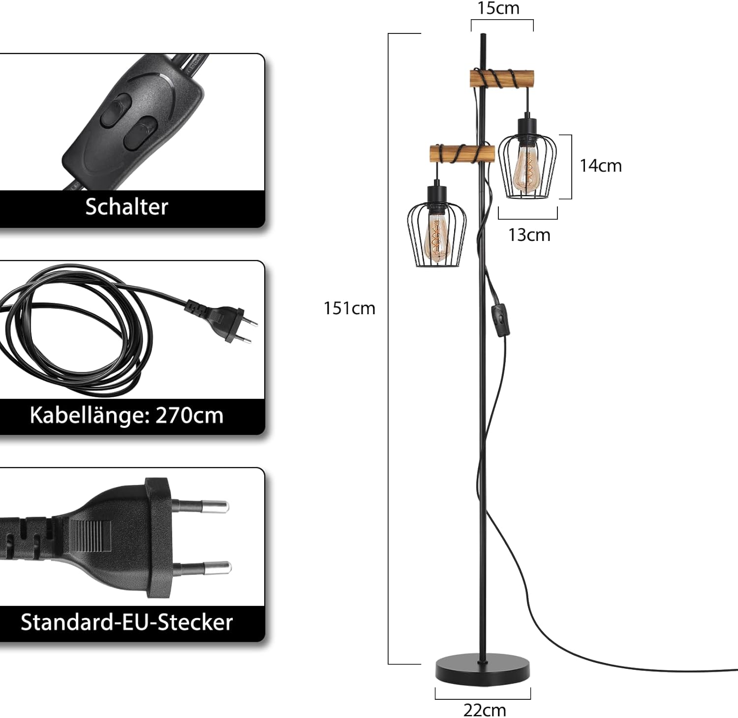 Thumbnail 4 de ZMH Stehlampe Wohnzimmer – Holz, Schwarz, Vintage-Industrial, 2-flammig, 151 cm