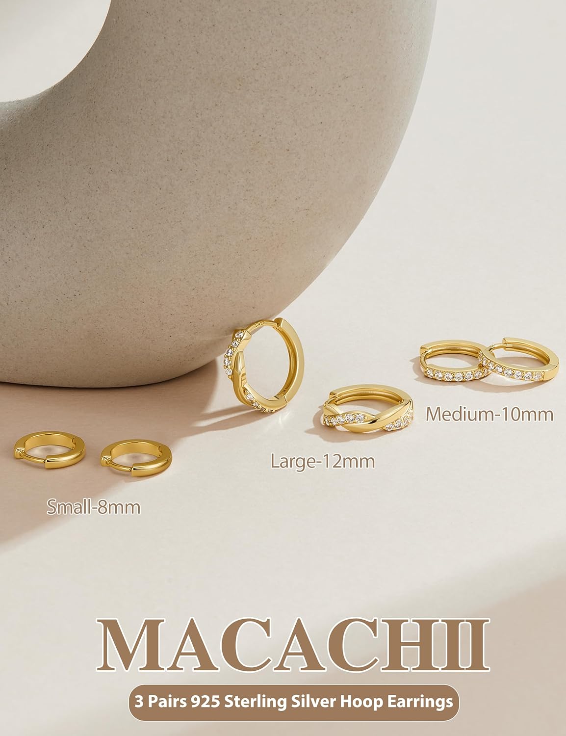 Thumbnail 1 de MACACHII — 3 paires de créoles argent 925 plaqué or 14K, hypoallergéniques avec zircons