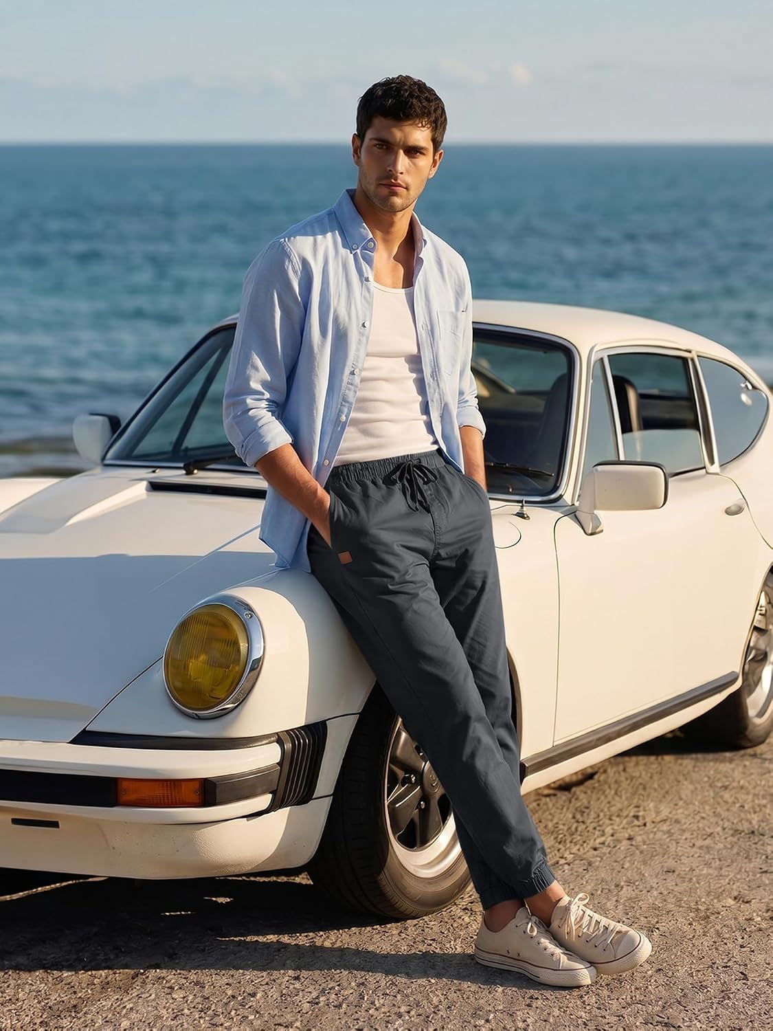 Detalle 2 de JMIERR Herren Chino Cargo Jogginghose aus Baumwolle mit Kordelzug und Taschen
