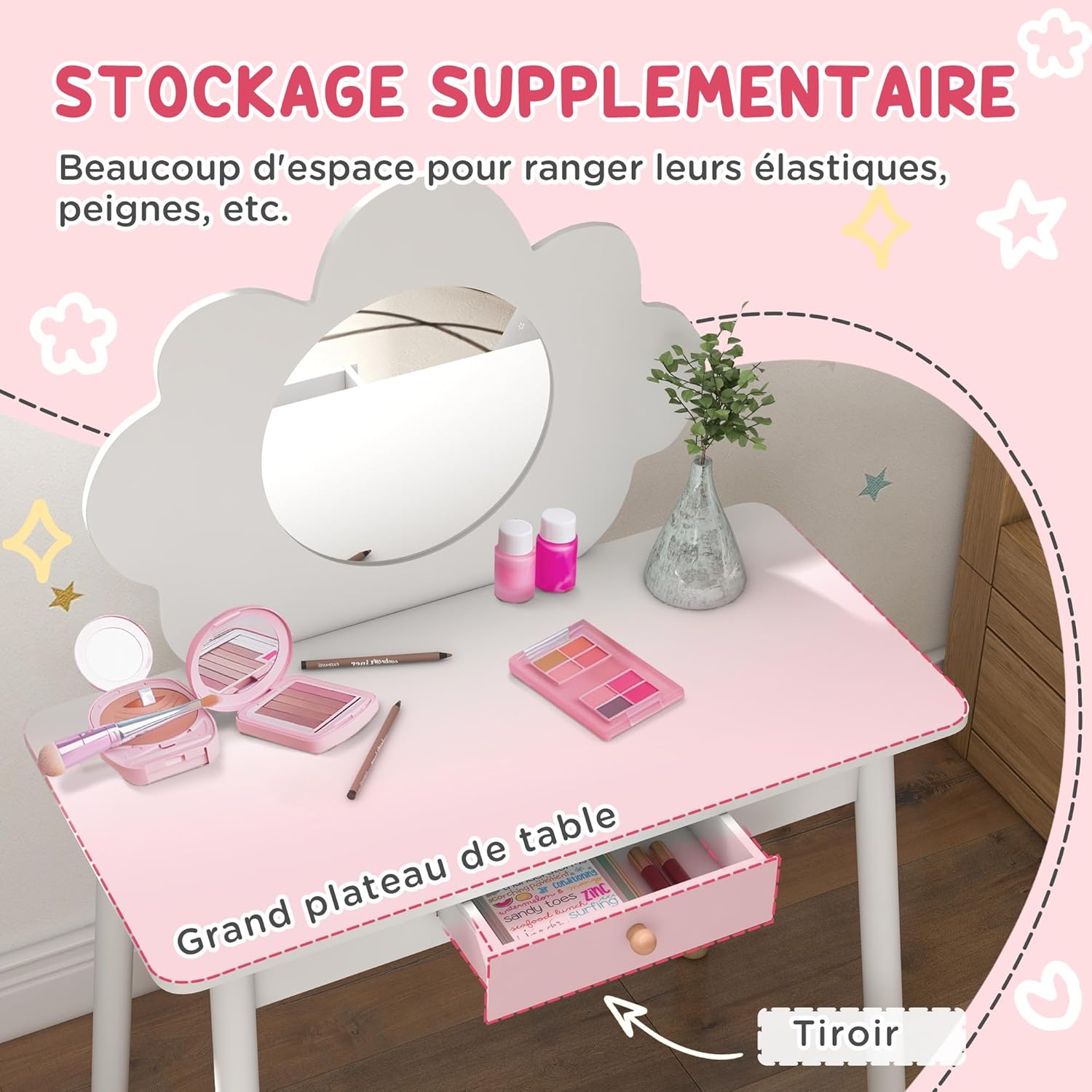 Thumbnail 3 de AIYAPLAY Ensemble coiffeuse enfant 2 pièces avec tabouret et miroir nuage (blanc) pour 3 à 6 ans