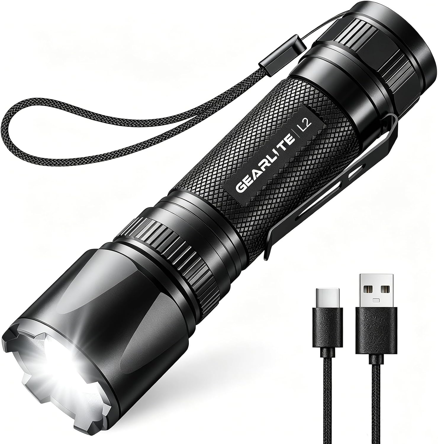 Detalle de GEARLITE LED Taschenlampe aufladbar – zoombare Mini-Torch mit 3 Modi, bis zu 3000 Lumen und IP65