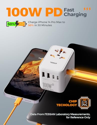 Detalle de TESSAN 100W Universal Travel Adapter with 5 USB Ports (3 USB-C) – Worldwide Plug