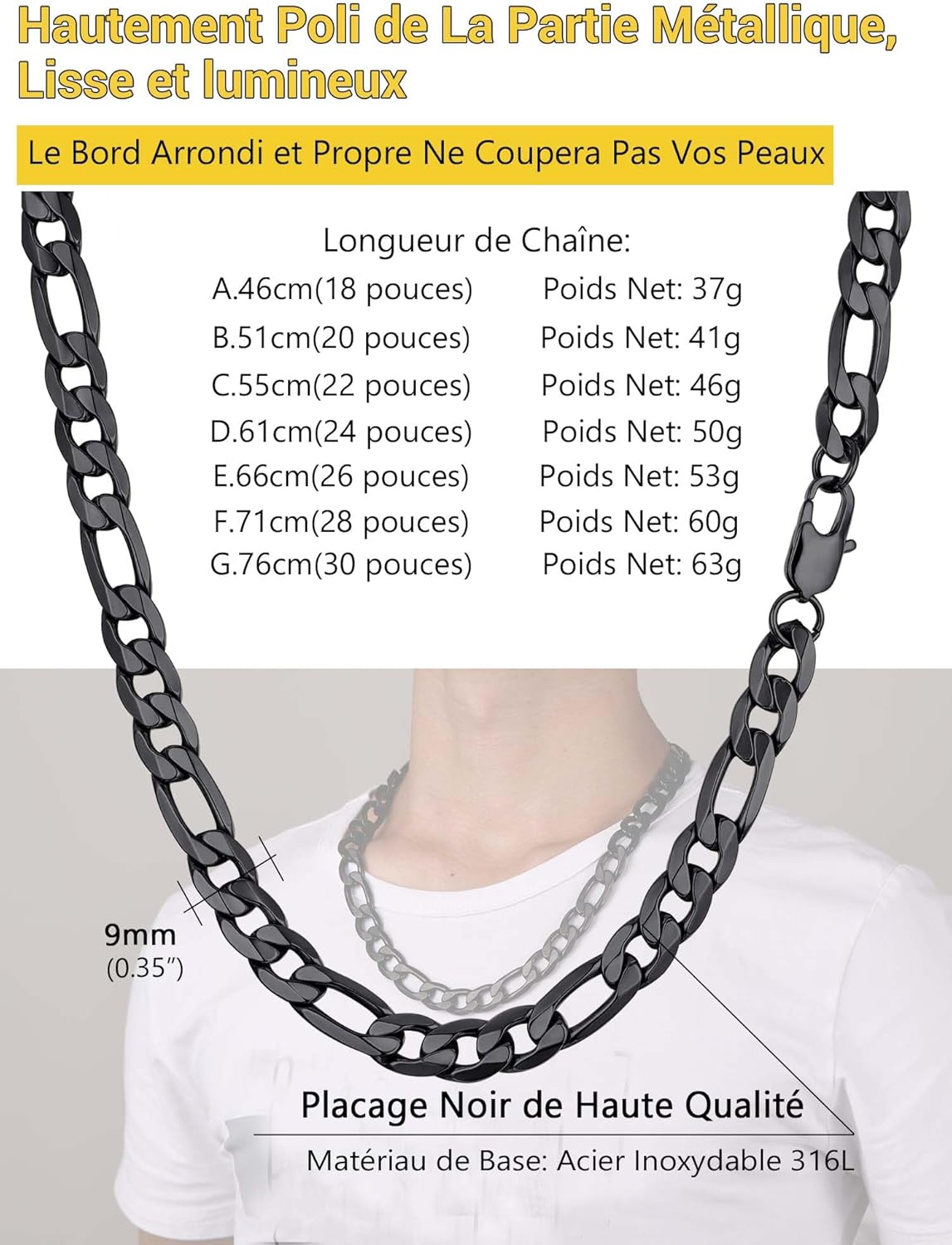 Thumbnail 4 de PROSTEEL Collier Figaro en Acier Inoxydable 316L – Maillon Alterné 3 en 1 (4/6/9/13 mm) – Longueurs 36 à 76 cm