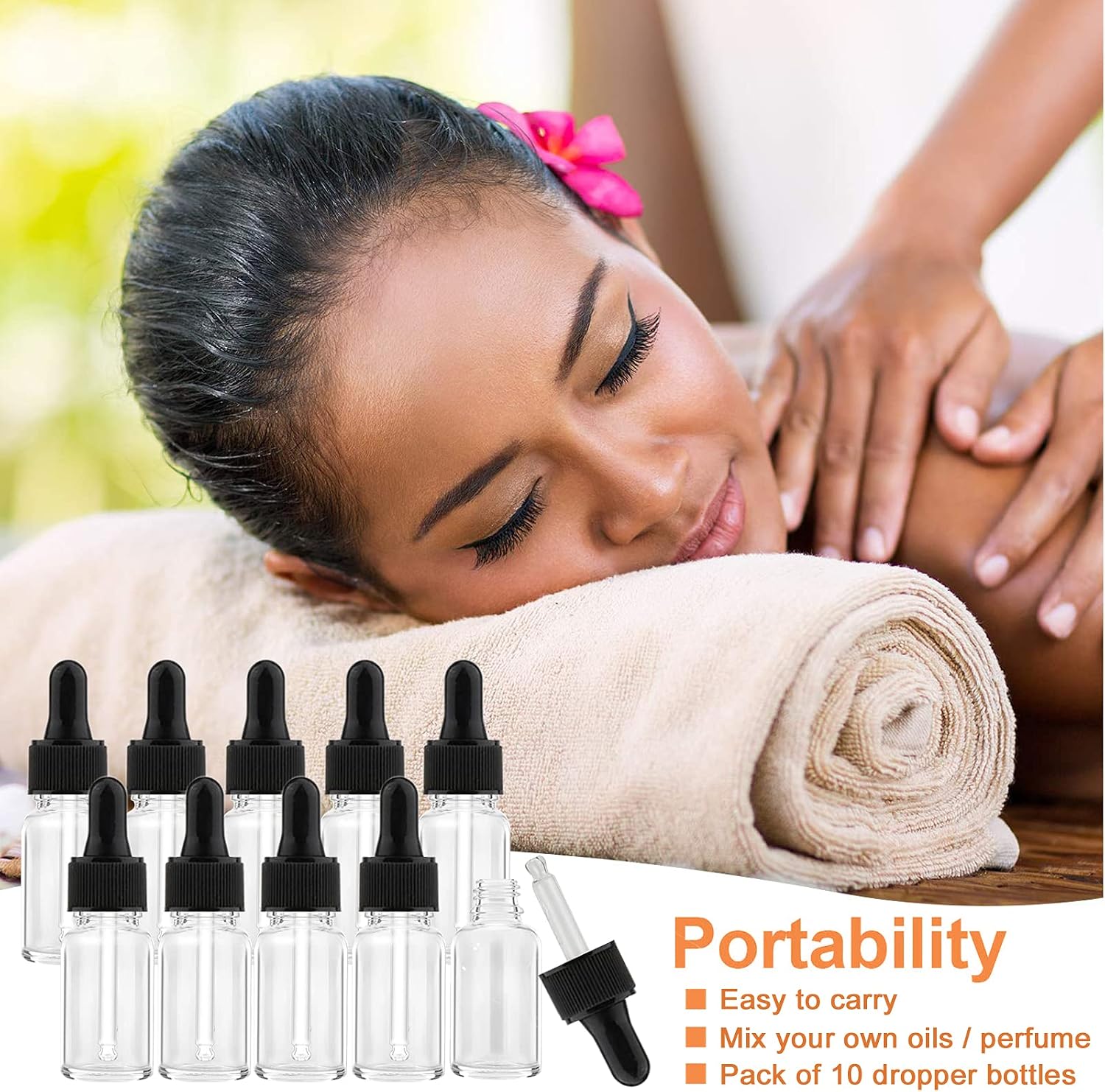 Thumbnail 6 de Alledomain 10Pcs 10ml Glass Dropper Bottles with Black Cap – Refillable Essential Oil Containers