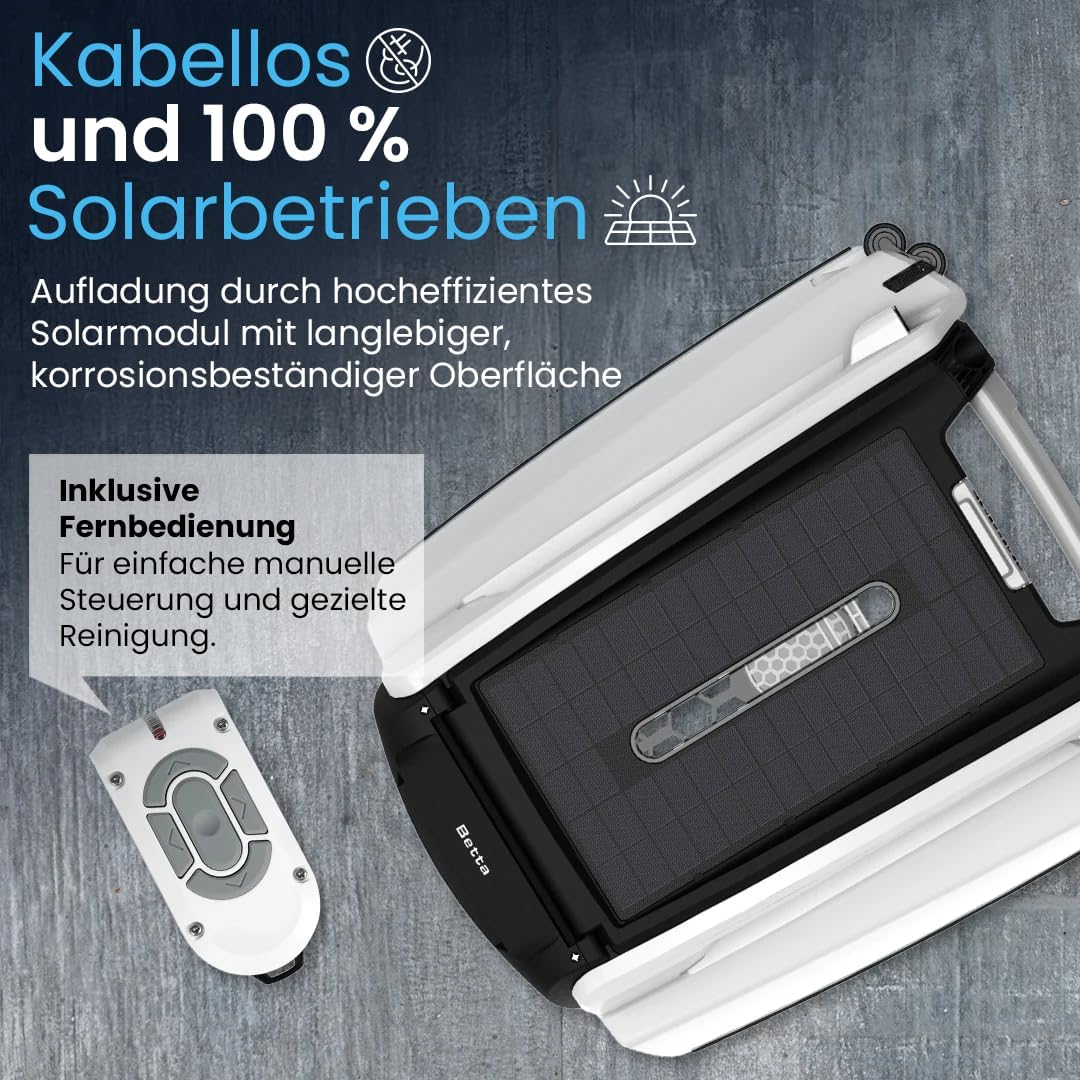 Detalle de Betta SE Solar Pool Skimmer Roboter – 30 h Autonomie, salzwasserbeständig, 24/7 Oberflächenreinigung (Weiß)