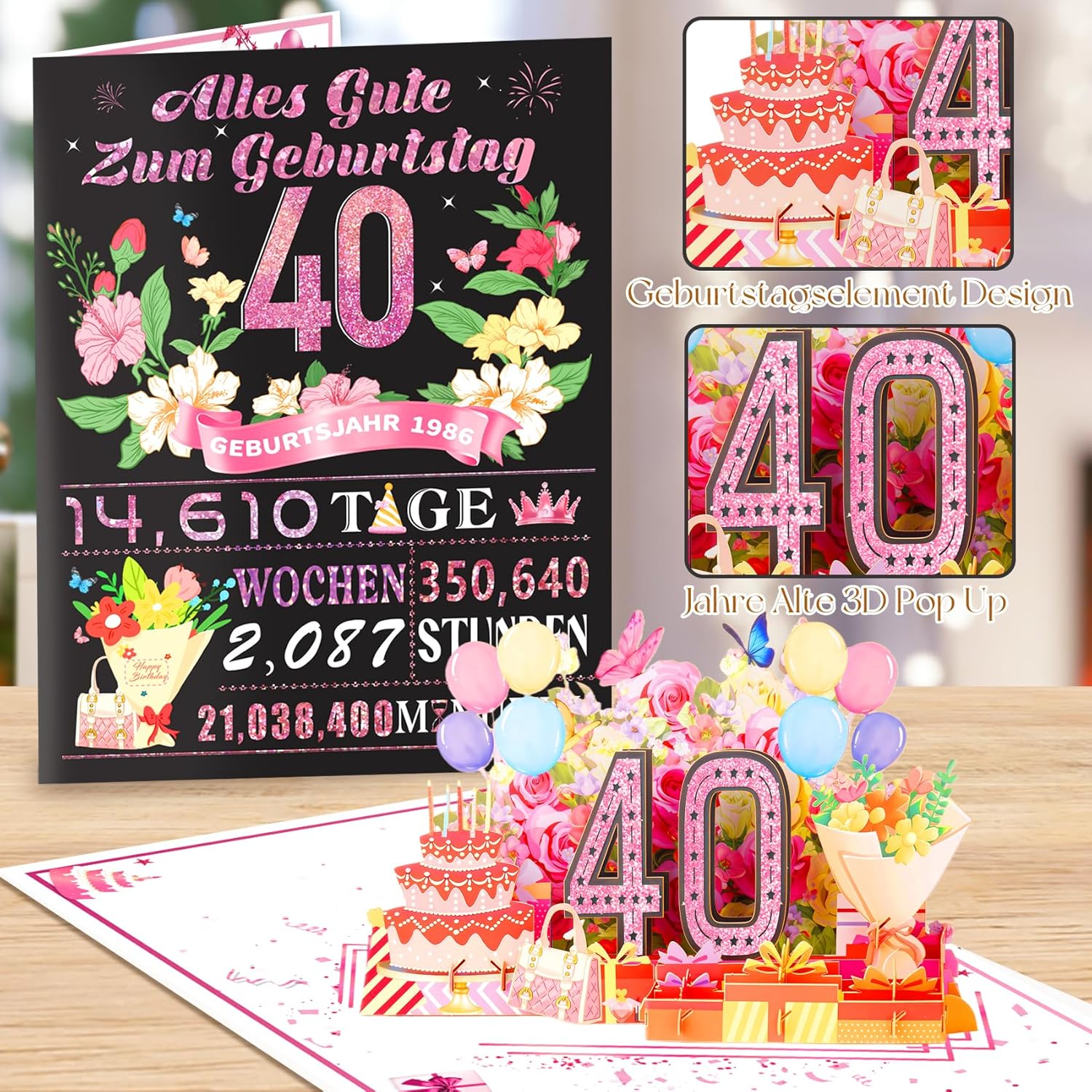 Thumbnail 3 de OLOSONG Geburtstagskarte 40 – 3D Pop Up Karte zum 40. Geburtstag mit Goldfolie und hochwertigem Umschlag