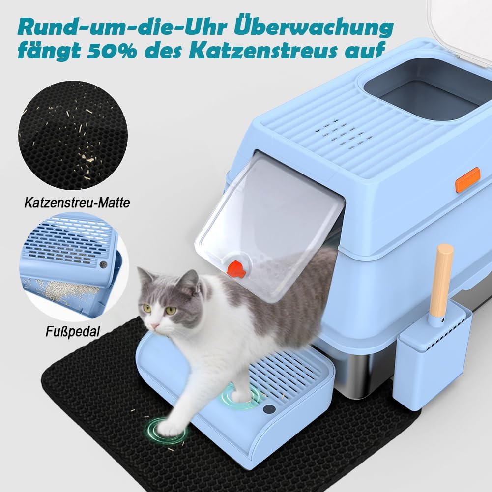 Detalle de SZEETECH Katzenklo Edelstahl XL (60 x 40 x 39,5 cm) mit Deckel, zwei Ausgänge und Set aus Schaufel + Matte + Trittstufe (blau)