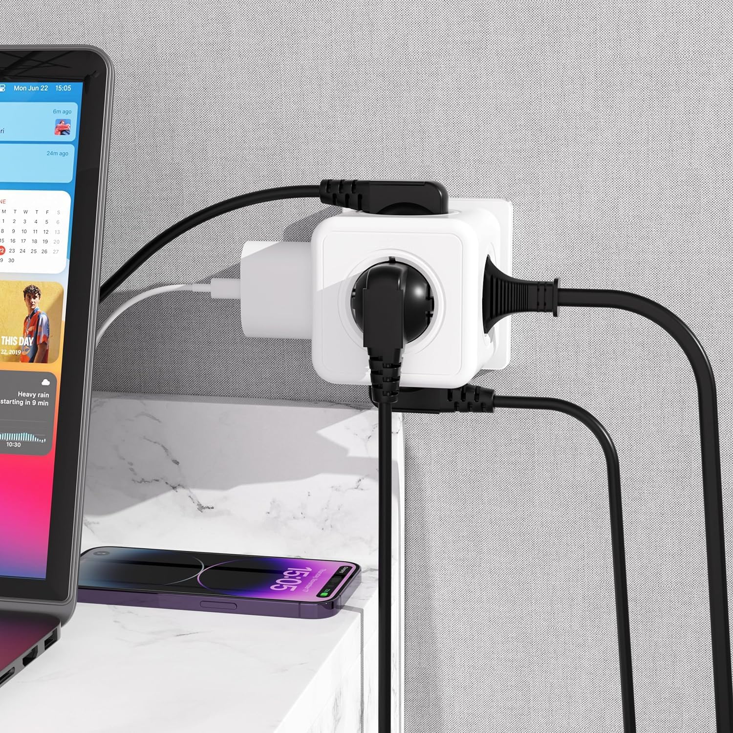 Detalle de ALEMIN E01 5-in-1 stekkerdoos, 3680 W, vijf stopcontacten en kubusvorm