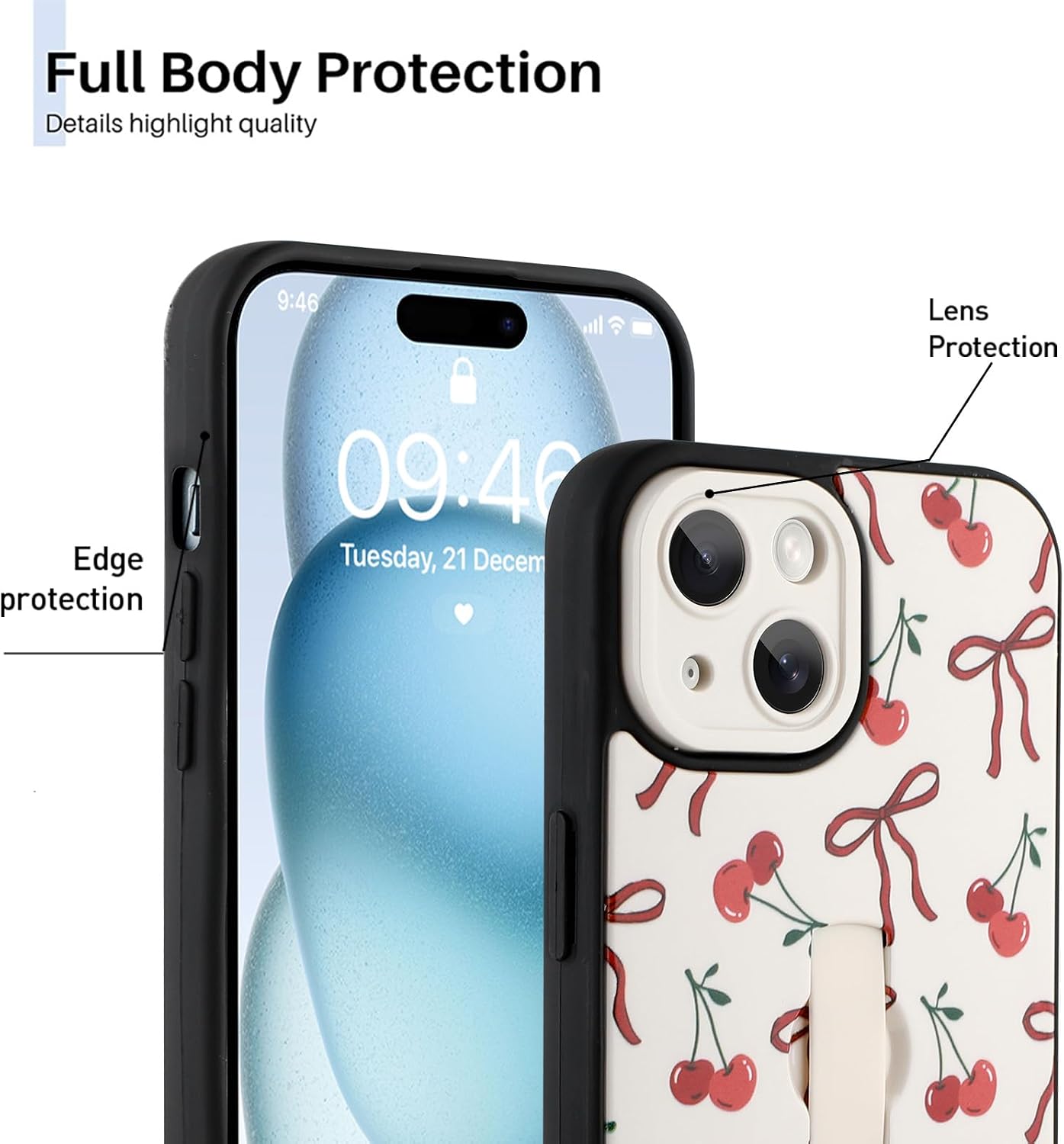 Detalle 2 de Ufbara 2088369-BowWhite-IP15 iPhone 15 Case with Cherry Bow and Wrist Strap