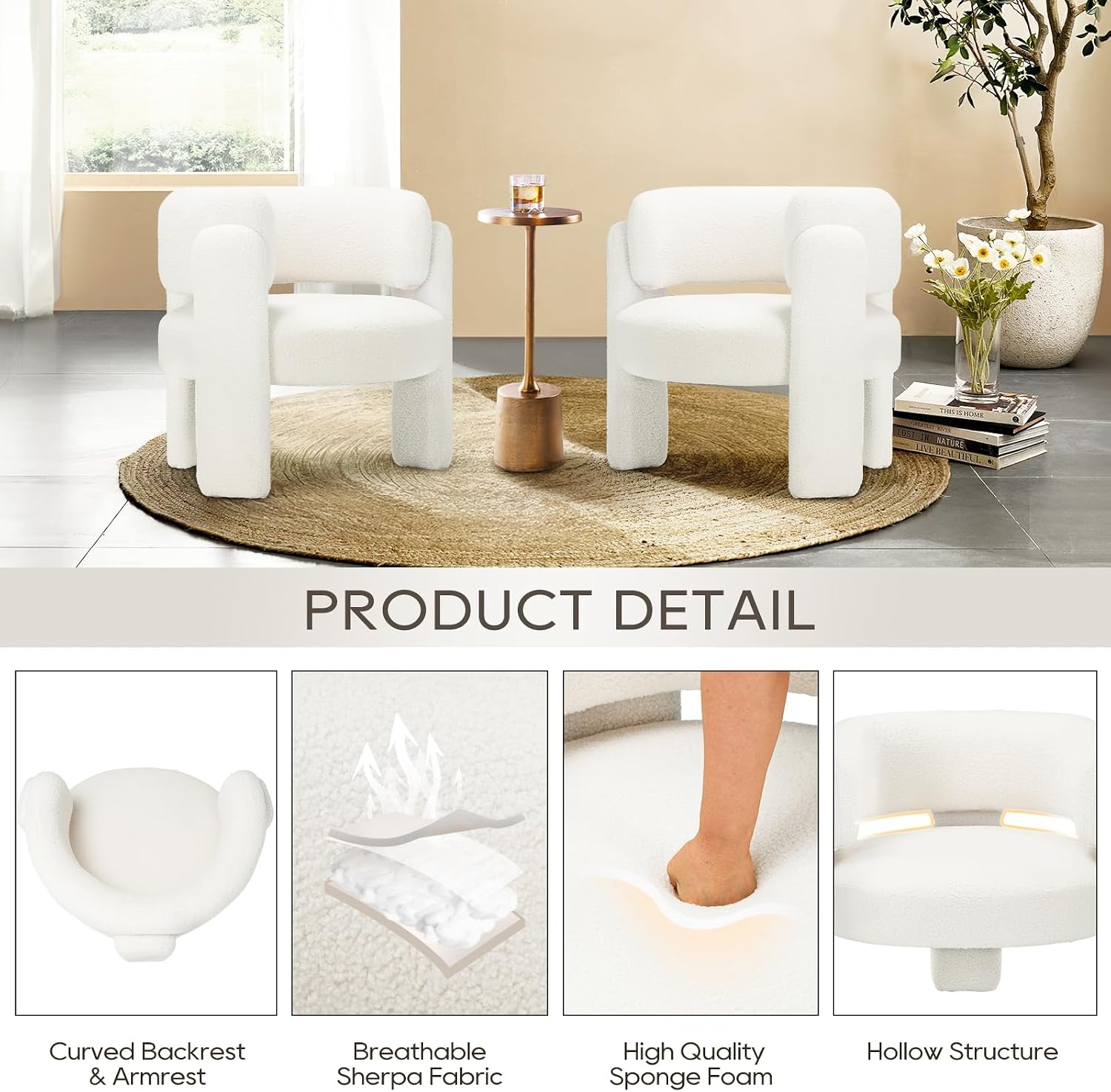 Detalle 2 de COLAMY W181 Sherpa Accent Chair, Cream, Rounded Arms and Three-Leg Design