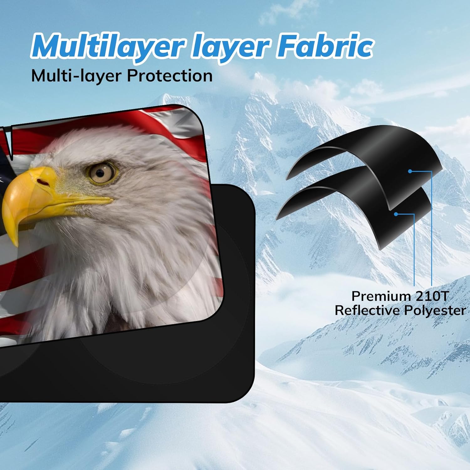 Thumbnail 5 de SEPORUD Folding Windshield Sun Shade with American Eagle Flag Design (XL, Universal Fit up to 66" x 36")