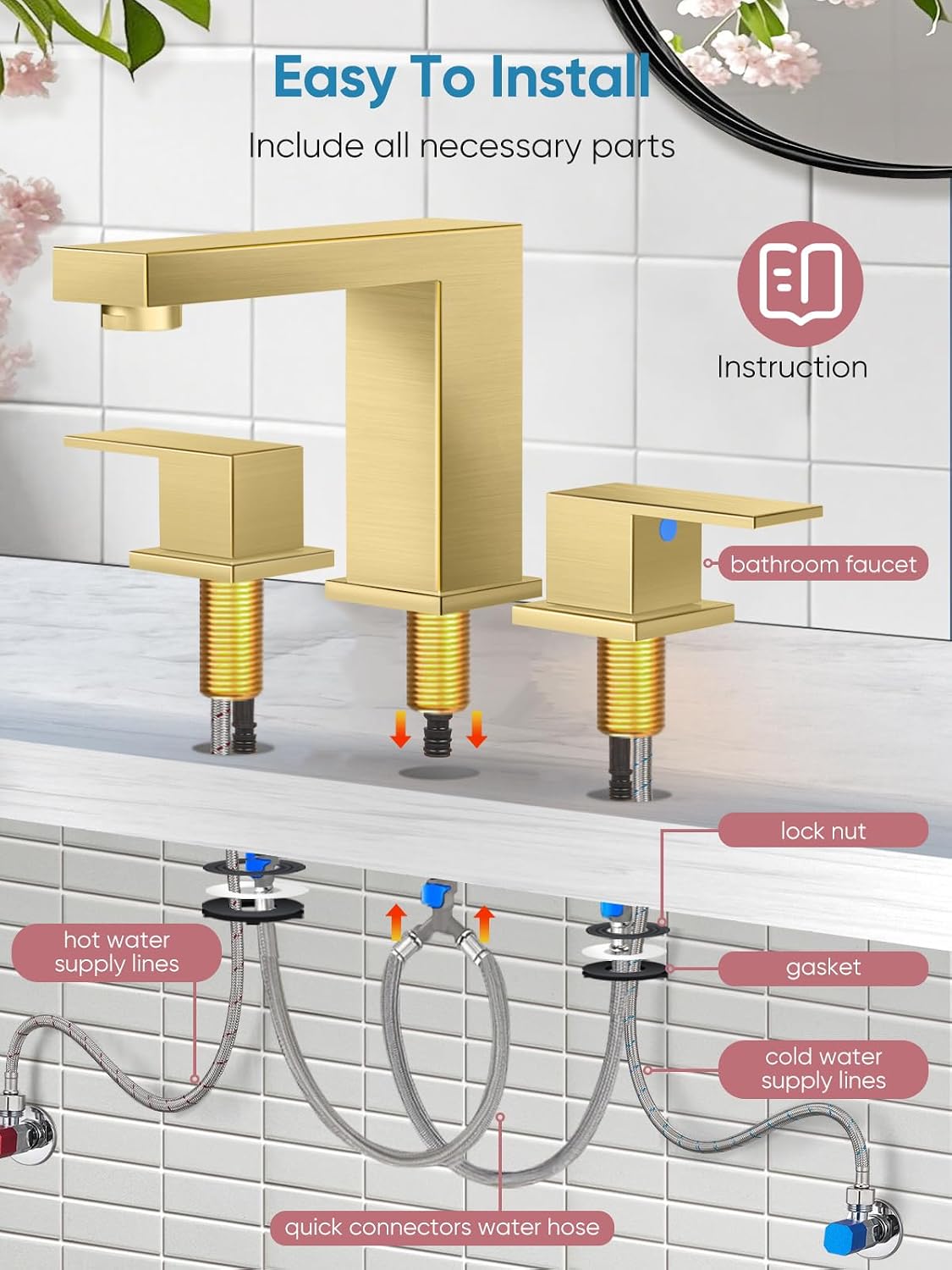 Detalle 1 de Cobbe CB-11004G Widespread Bathroom Faucet, Brushed Gold Stainless Steel