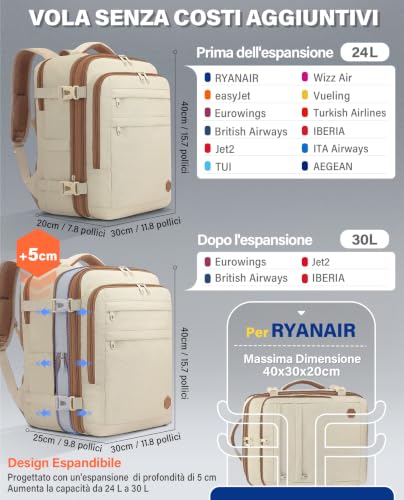Detalle de VANKEV Zaino da Viaggio Aereo Estensibile: 24–30 L, compatibile Ryanair, EasyJet e Eurowings
