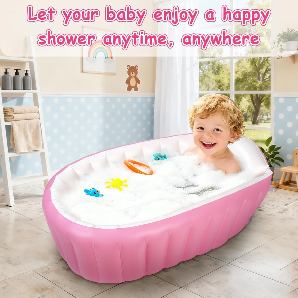 Thumbnail 6 de AUYAO uppblåsbart babybadkar i rosa PVC med pump och avtappningsplugg