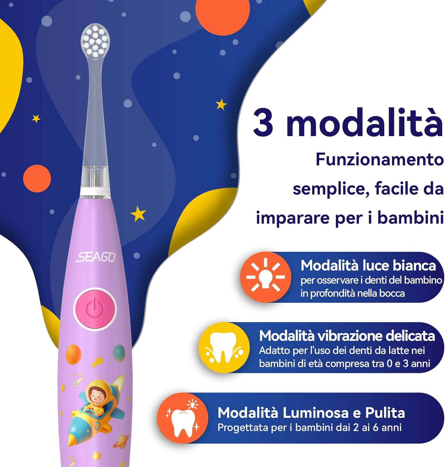 Thumbnail 3 de Seago spazzolino elettrico per bambini SG-2159 rosa con 8 testine morbide, LED colorati e timer 2 minuti