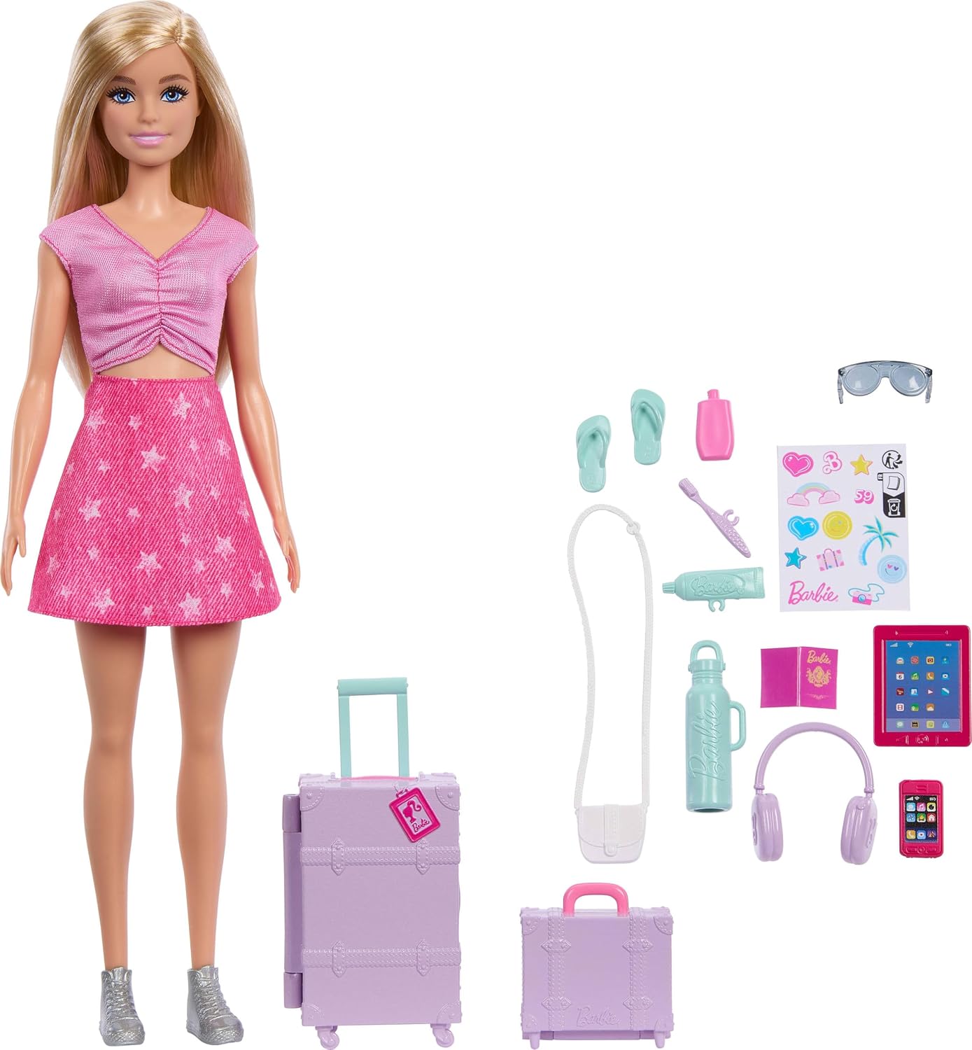 Detalle 1 de Barbie JMJ47 Family & Friends Malibu Limitless Adventure blonde pop met reisaccessoires
