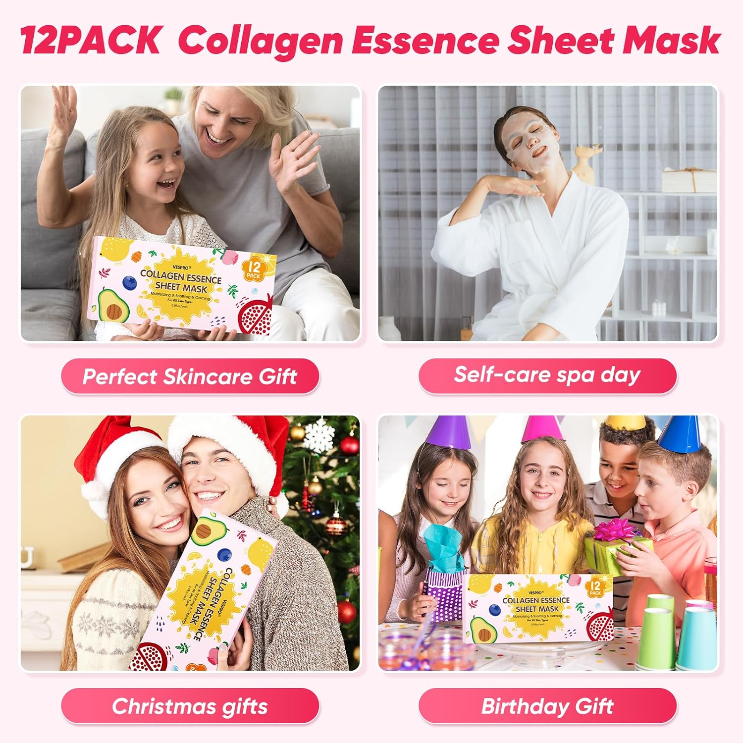 Detalle de 12 Pack Face Masks for Women Hydrating & Moisturizing Facial Mask Set (Collagen, Pomegranate, Rose & More)