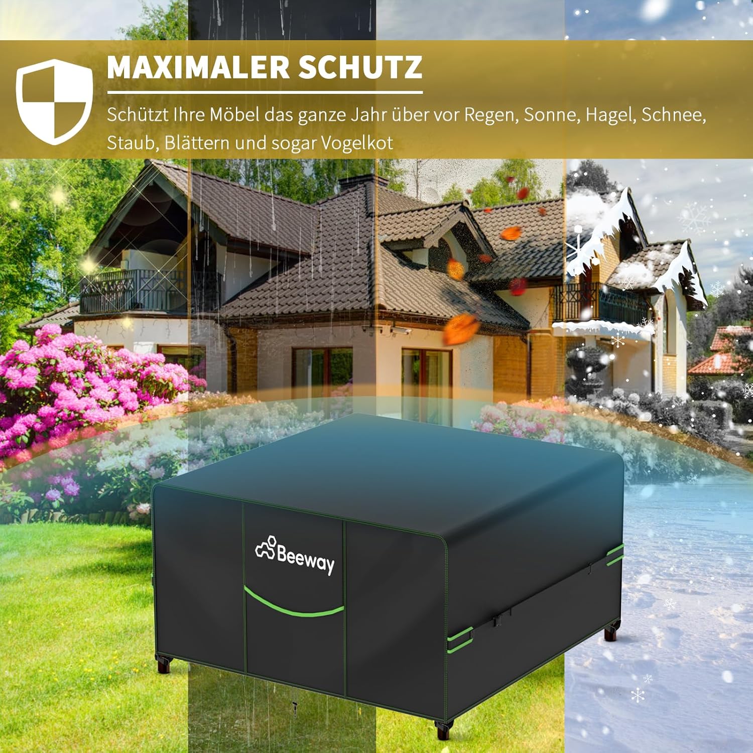 Thumbnail 6 de BEEWAY Wasserdichte Gartenmöbel-Abdeckung V2.0 (420D Oxford, 250 × 250 × 92 cm) für Terrassen- und Gartentische