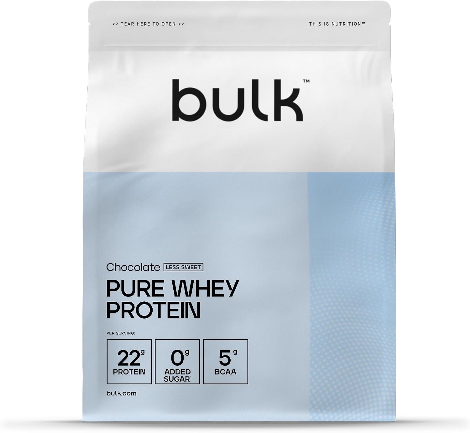 Detalle de Bulk Pure Whey Proteinpulver Schokolade – Weniger Süß, 22 g Protein, 5 g BCAAs pro Portion, 500 g