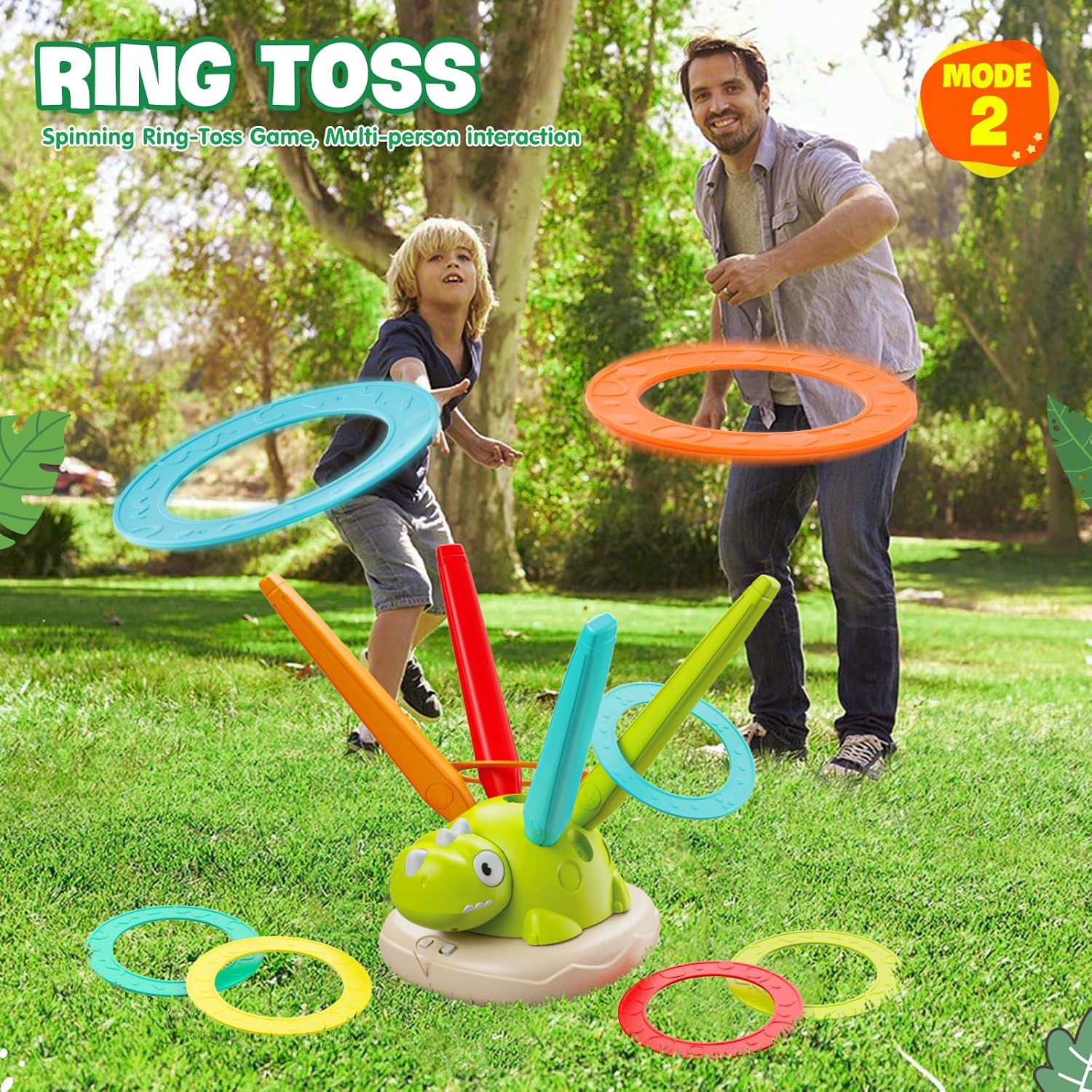 Detalle de DAOUZL 3 in 1 Spiele für Kinder – Raketenwerfer, Ringwurfspiel und Hüpfspiel im Dino-Design