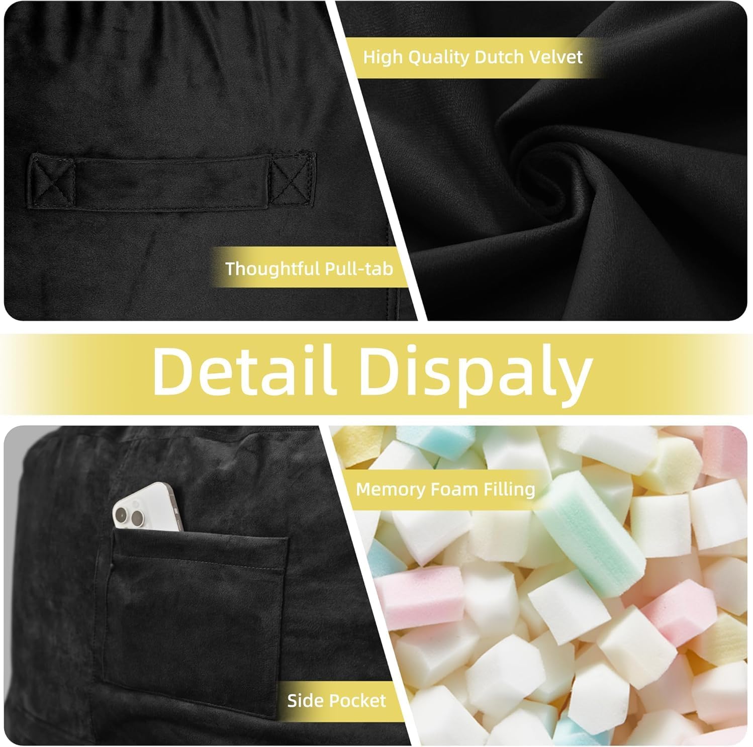 Detalle 2 de HABUTWAY XYX-62-043-BLACK-CA 3FT Bean Bag Chair with Memory Foam