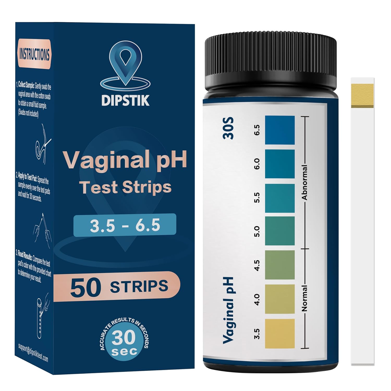 Detalle de DIPSTIK Vaginal pH Test Strips, 50-Strip Home Kit, 3.5–6.5 Range