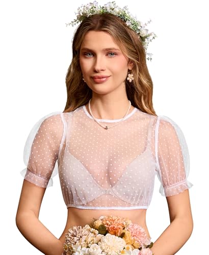Detalle de DIRNDLSTERN Dirndlbluse Damen Weiß – Transparente Punktebluse mit Puffärmeln, Kurzarm