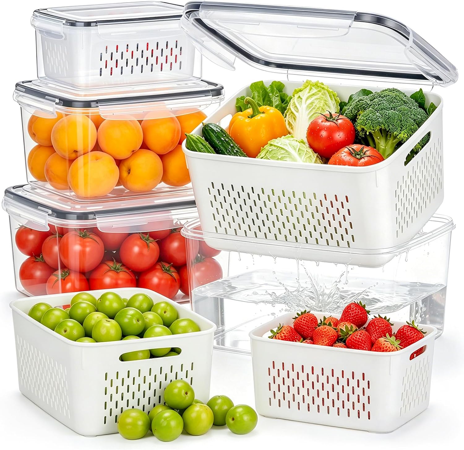 Detalle de HOMETALL 4-Pack Fruit Storage Containers for Fridge: BPA-Free, Mesh Design, 3.4QT to 0.4QT