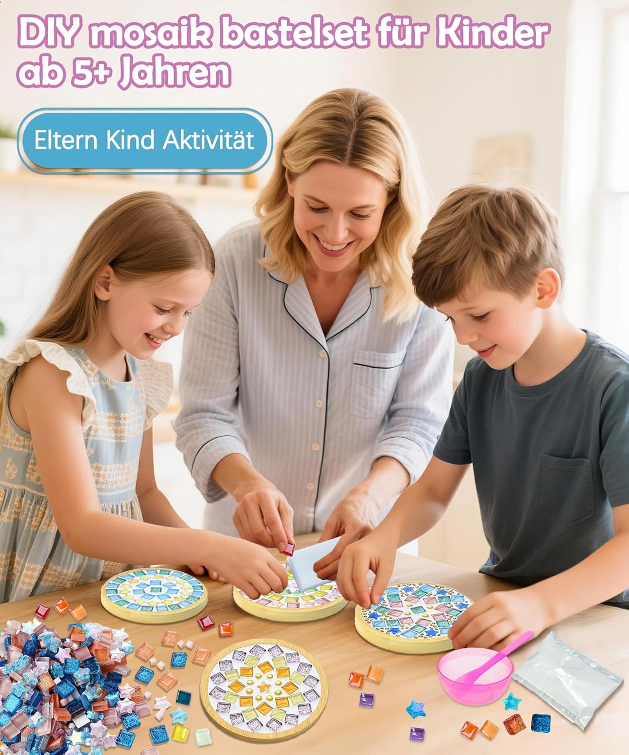 Detalle de Finsink Mosaik Bastelset für Kinder – 4er Untersetzer-Set aus Holz mit Glas-Mosaiksteinen