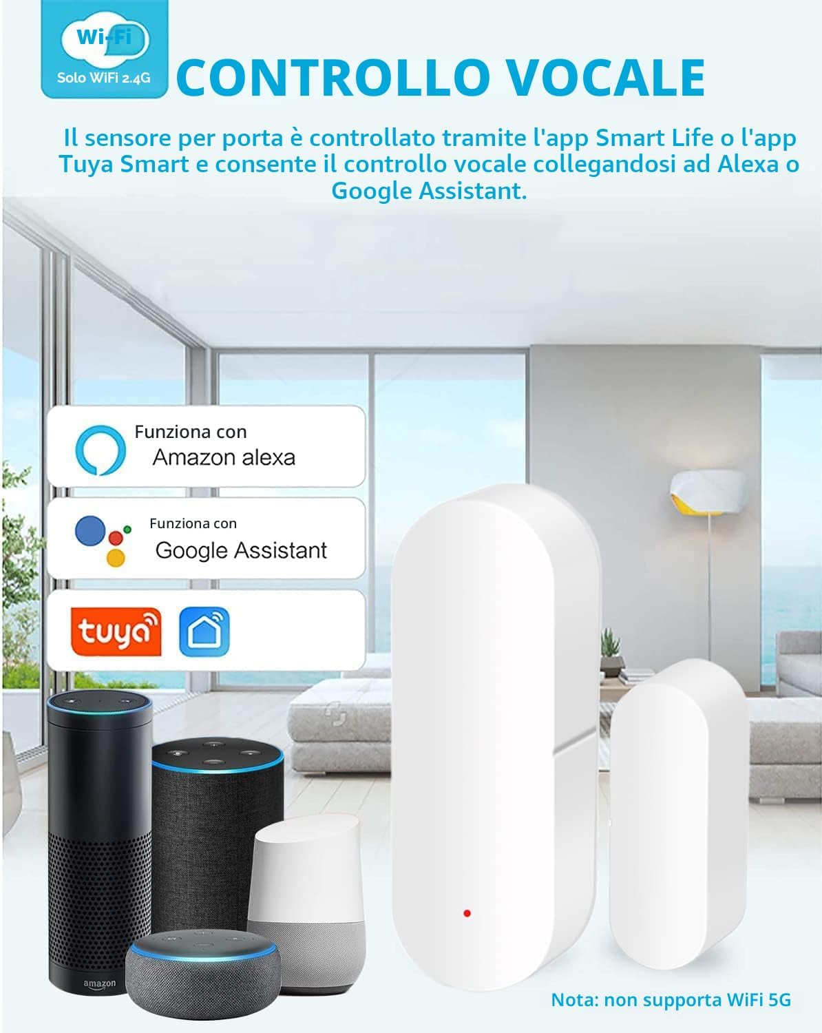Detalle de Sensore porta WiFi intelligente per finestre e porte, wireless, compatibile Alexa e Google Assistant (1 Pack)