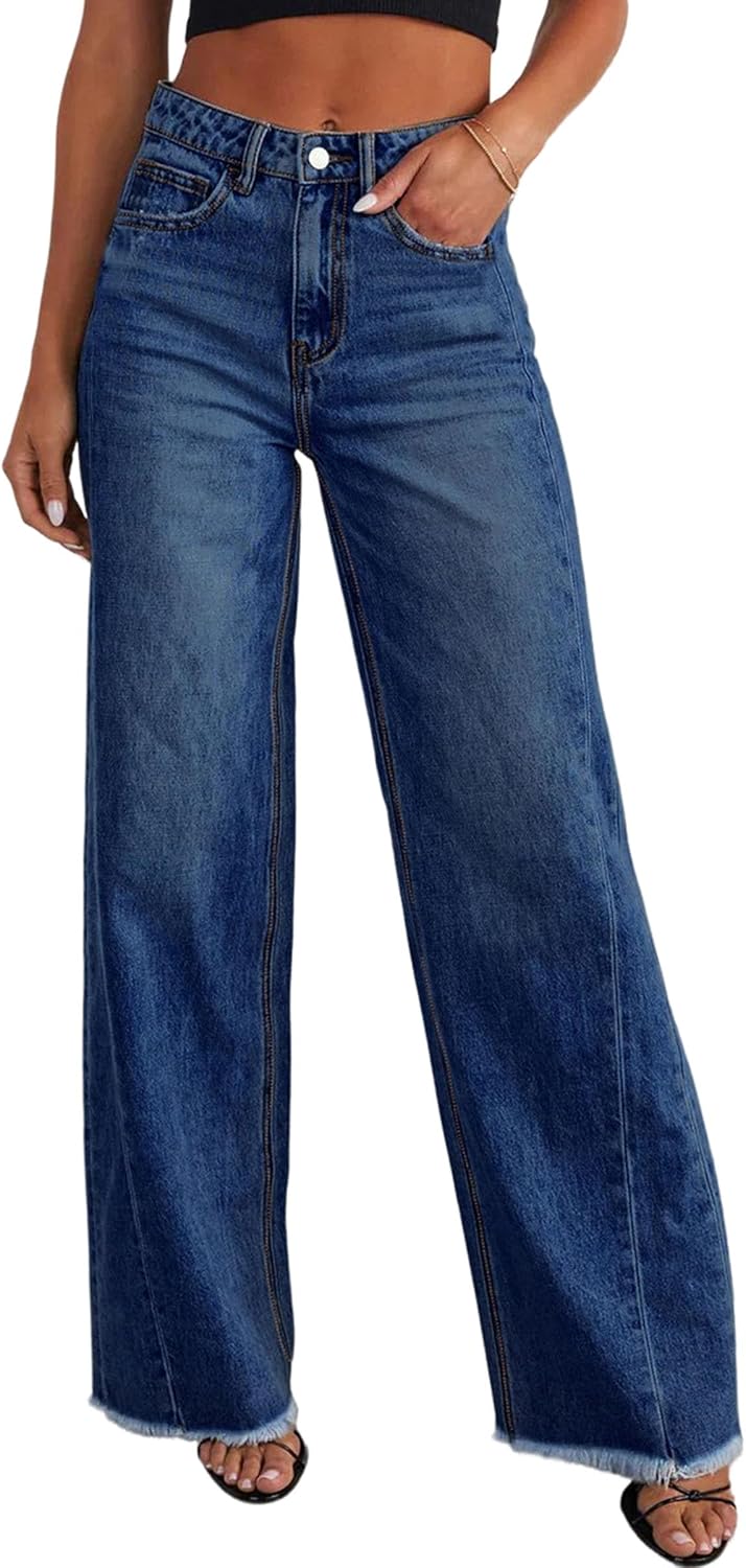 Detalle de PRETTYGARDEN Wide Leg Jeans for Women – High Waisted Stretchy Baggy Raw Hem Denim Palazzo Pants (2026)